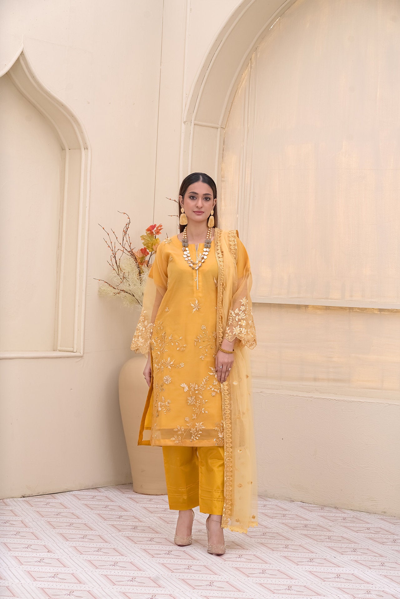 2235-Golden 4 Piece Embellished Organza Kurta Set