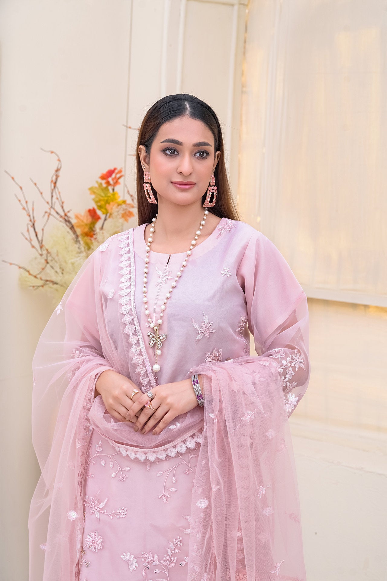 2235-Pastel Pink 4 Piece Embellished Organza Kurta Set