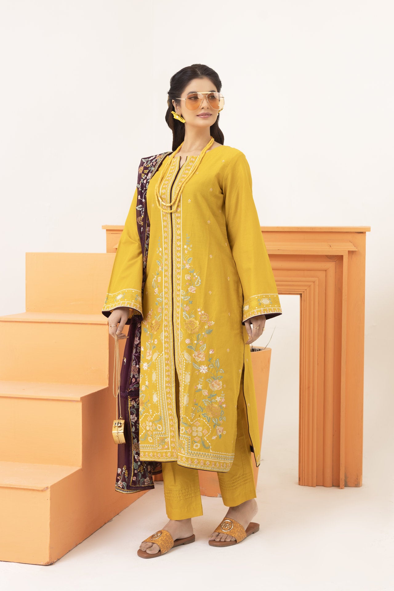 2238-Yellow Embroidered 3-Piece Cotton Lawn Suit – Elegant Summer Wear