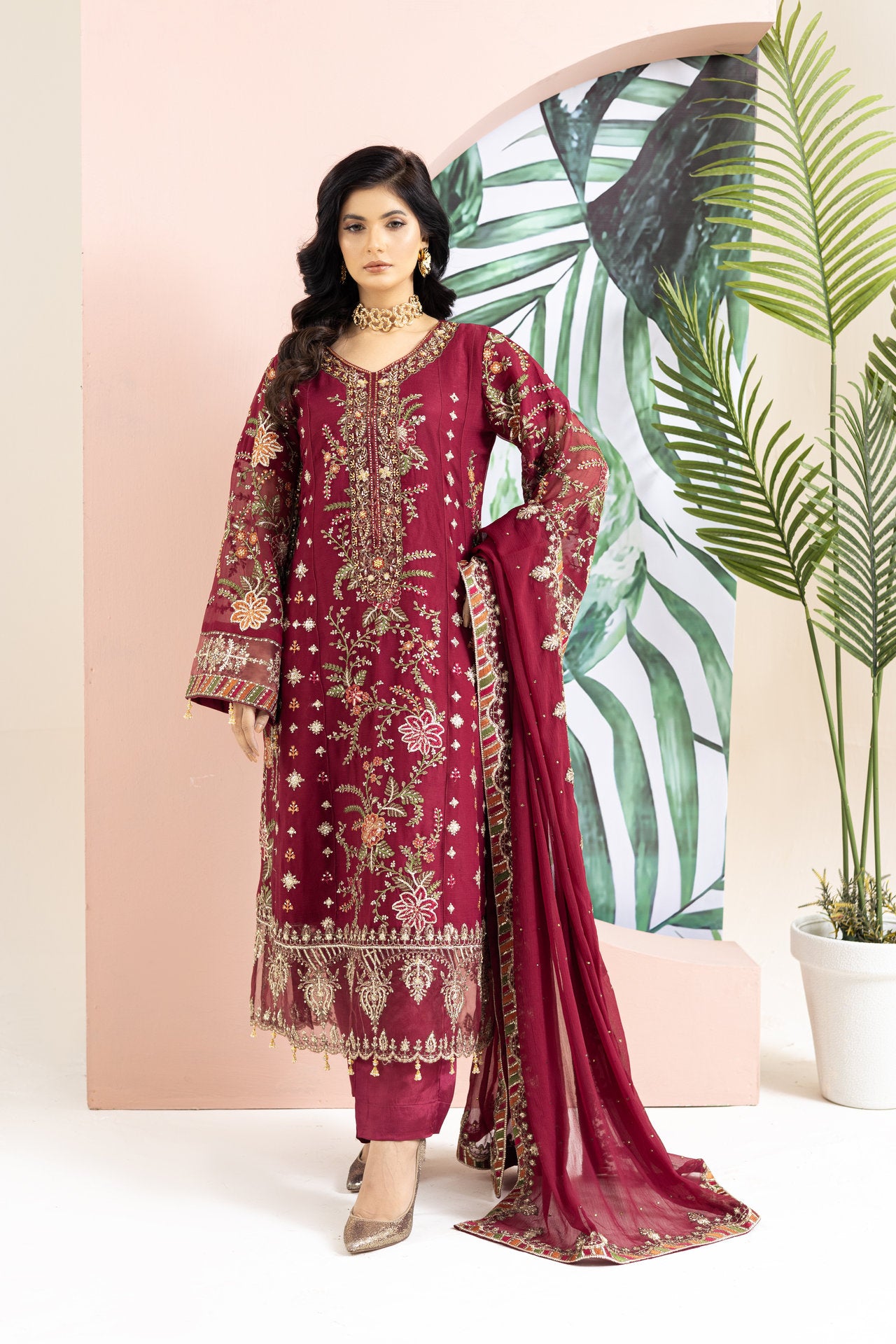 2245-Hot Pink Embroidered 3-Piece Chiffon Suit – Elegant Summer Wear