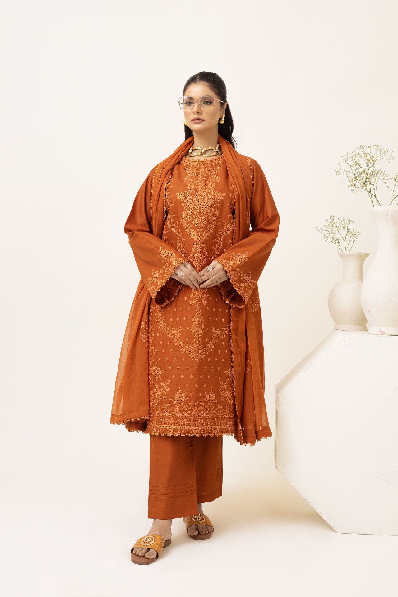 2247-Orange Embroidered 3-Piece Cotton Lawn Suit – Elegant Summer Wear