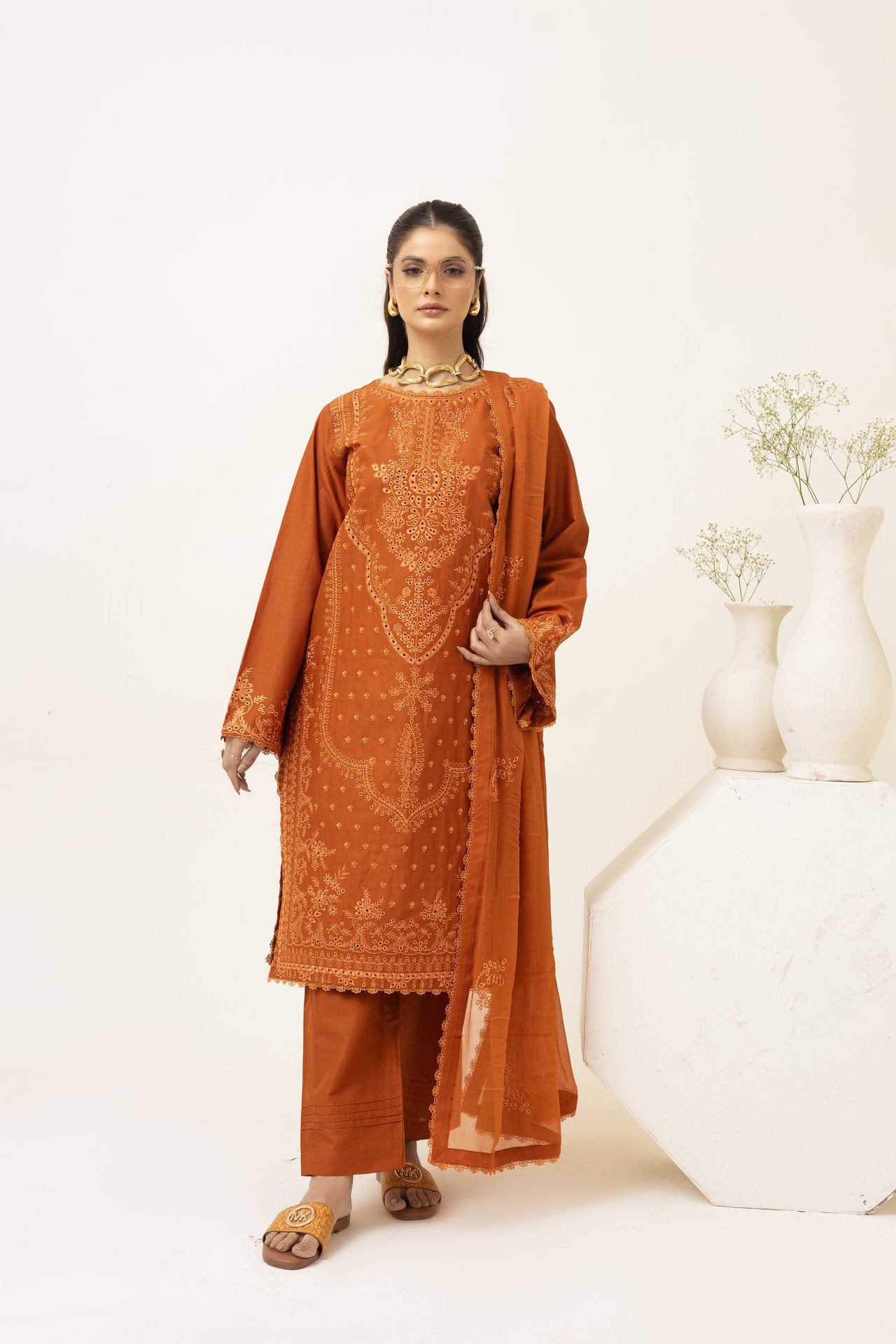 2247-Orange Embroidered 3-Piece Cotton Lawn Suit – Elegant Summer Wear
