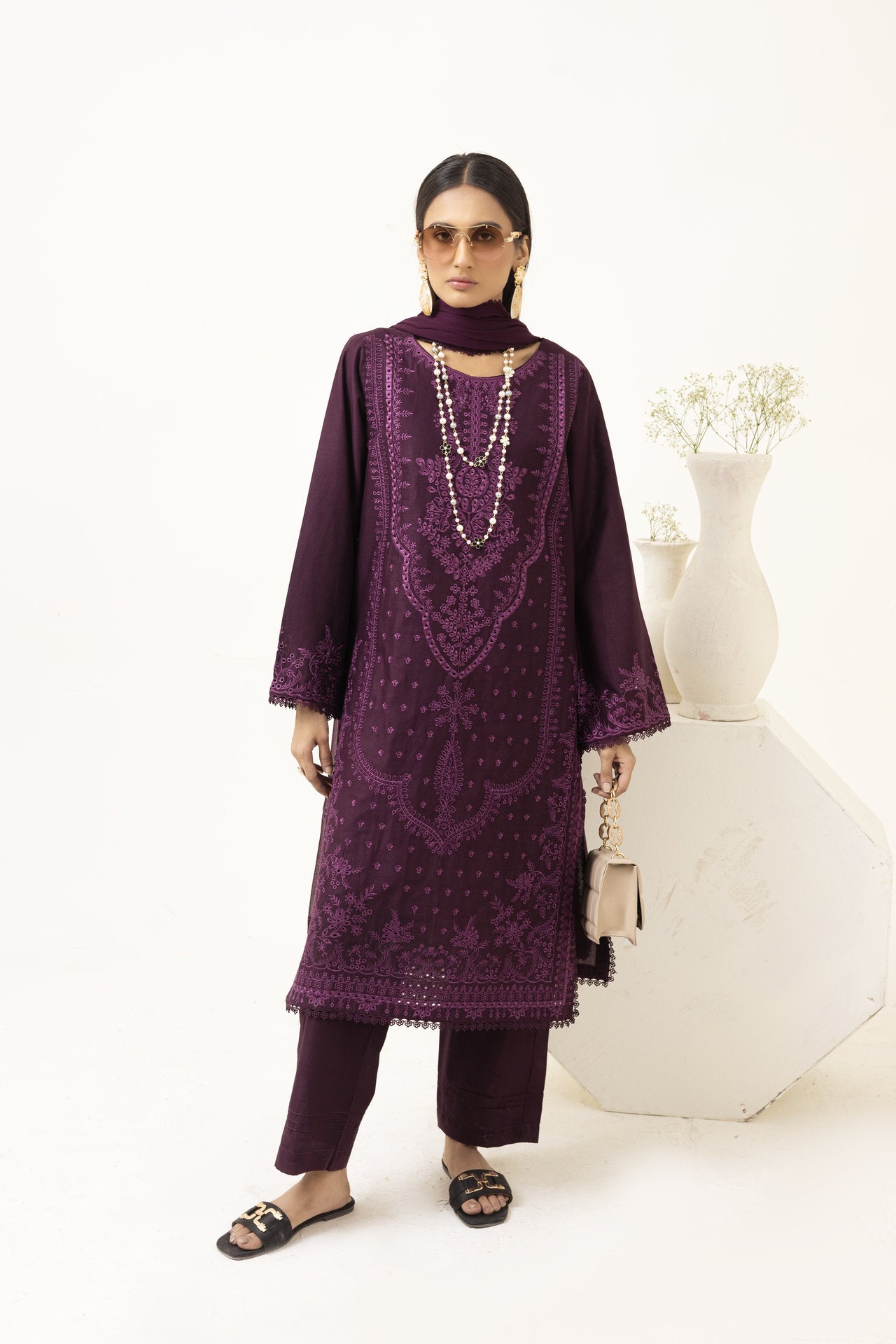 2247 - Purple Embroidered 3-Piece Cotton Lawn Suit – Elegant Summer Wear