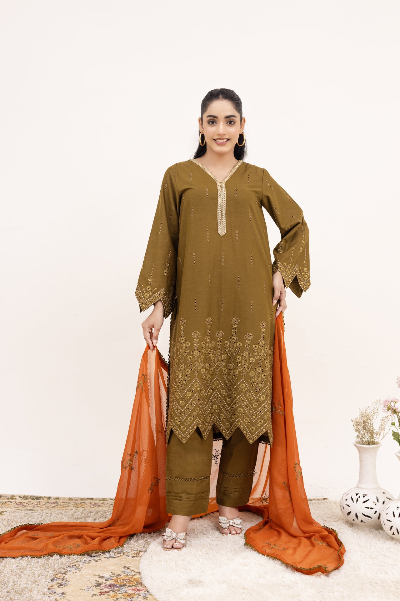 2258-Tobacco Embroidered 3-Piece Cotton Lawn Suit – Elegant Summer Wear