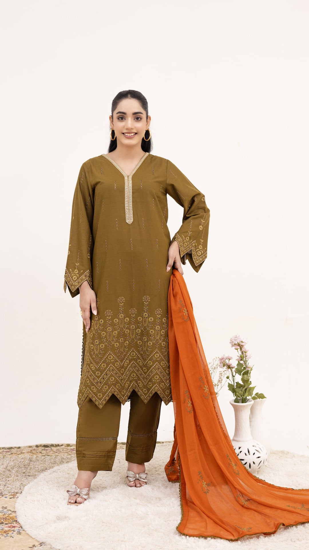 2258-Tobacco Embroidered 3-Piece Cotton Lawn Suit – Elegant Summer Wear