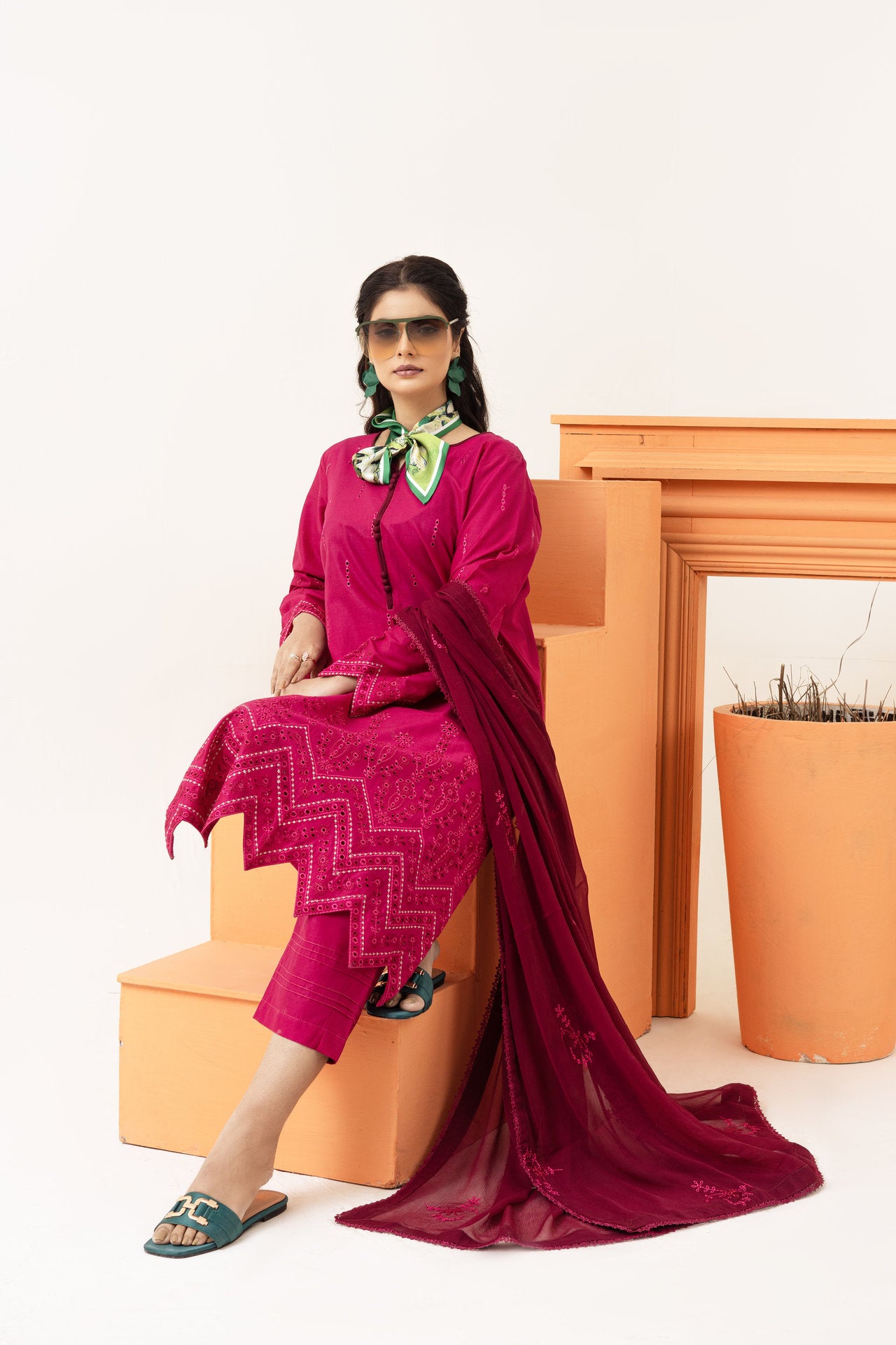 2258 - Hot Pink Embroidered 3-Piece Cotton Lawn Suit – Elegant Summer Wear