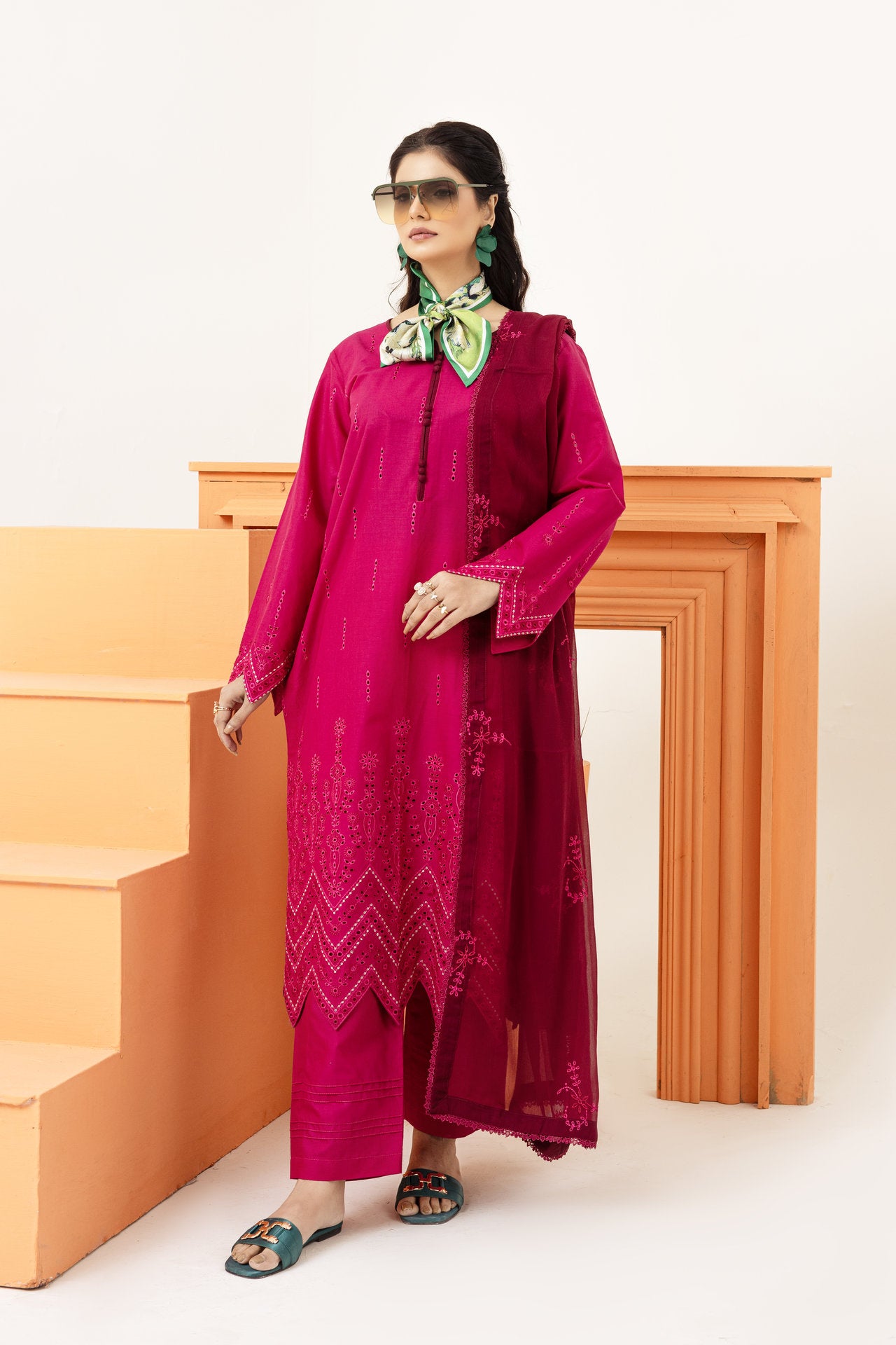 2258 - Hot Pink Embroidered 3-Piece Cotton Lawn Suit – Elegant Summer Wear