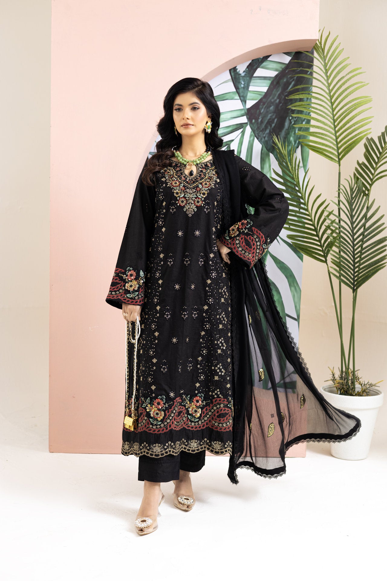 2259 - Black Embroidered 3-Piece Cotton Lawn Suit – Elegant Summer Wear