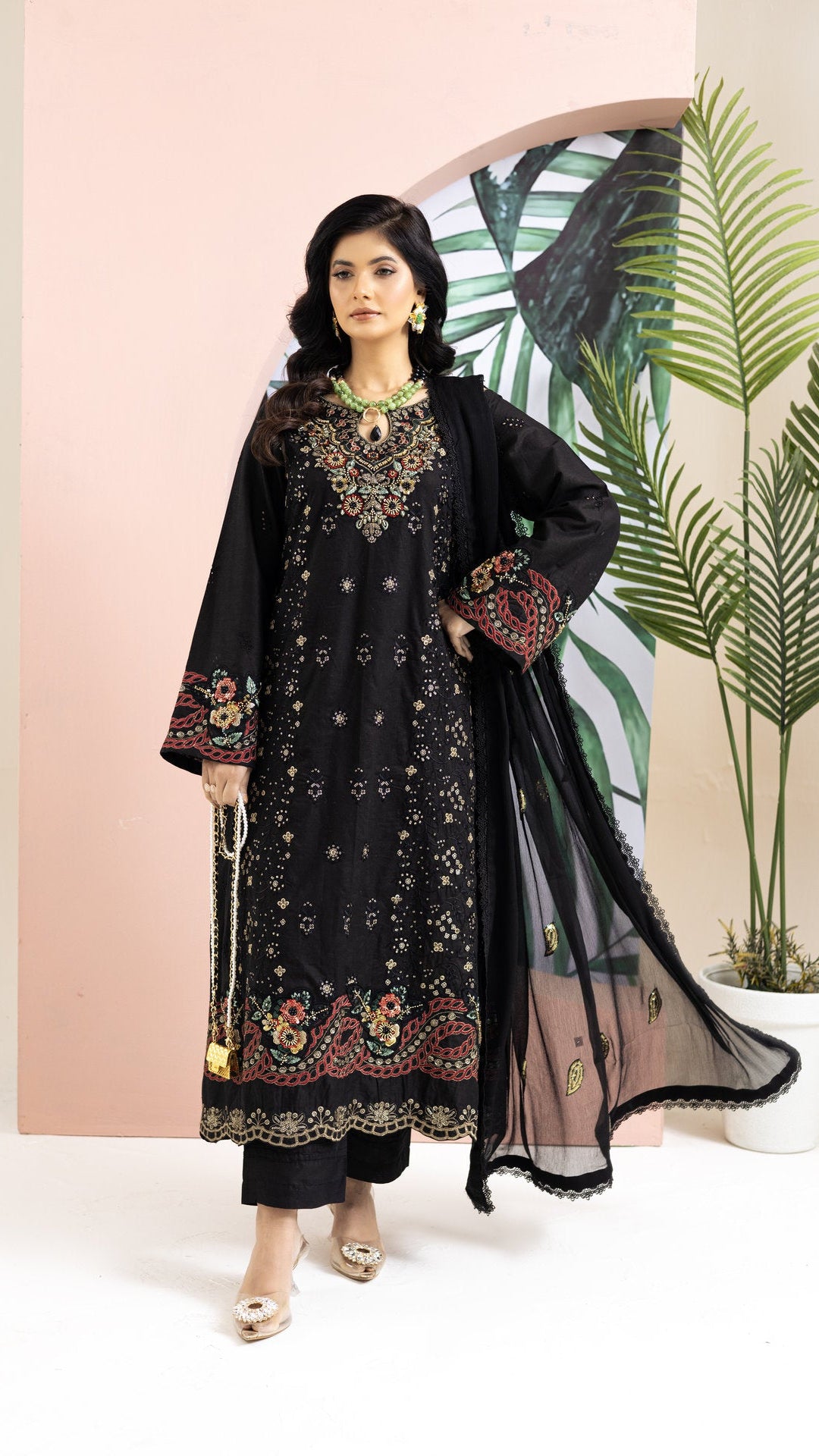 2259 - Black Embroidered 3-Piece Cotton Lawn Suit – Elegant Summer Wear