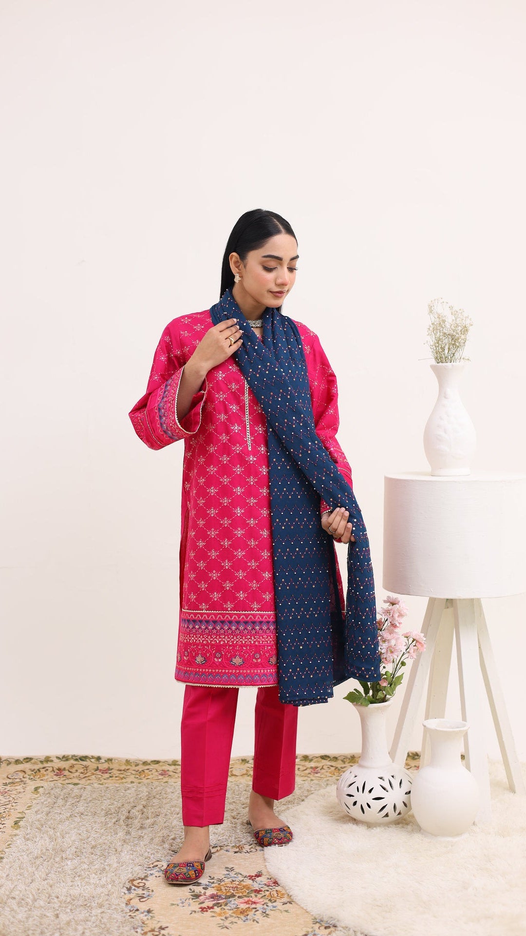2260 - Hot Pink Embroidered 3-Piece Cotton Lawn Suit – Elegant Summer Wear