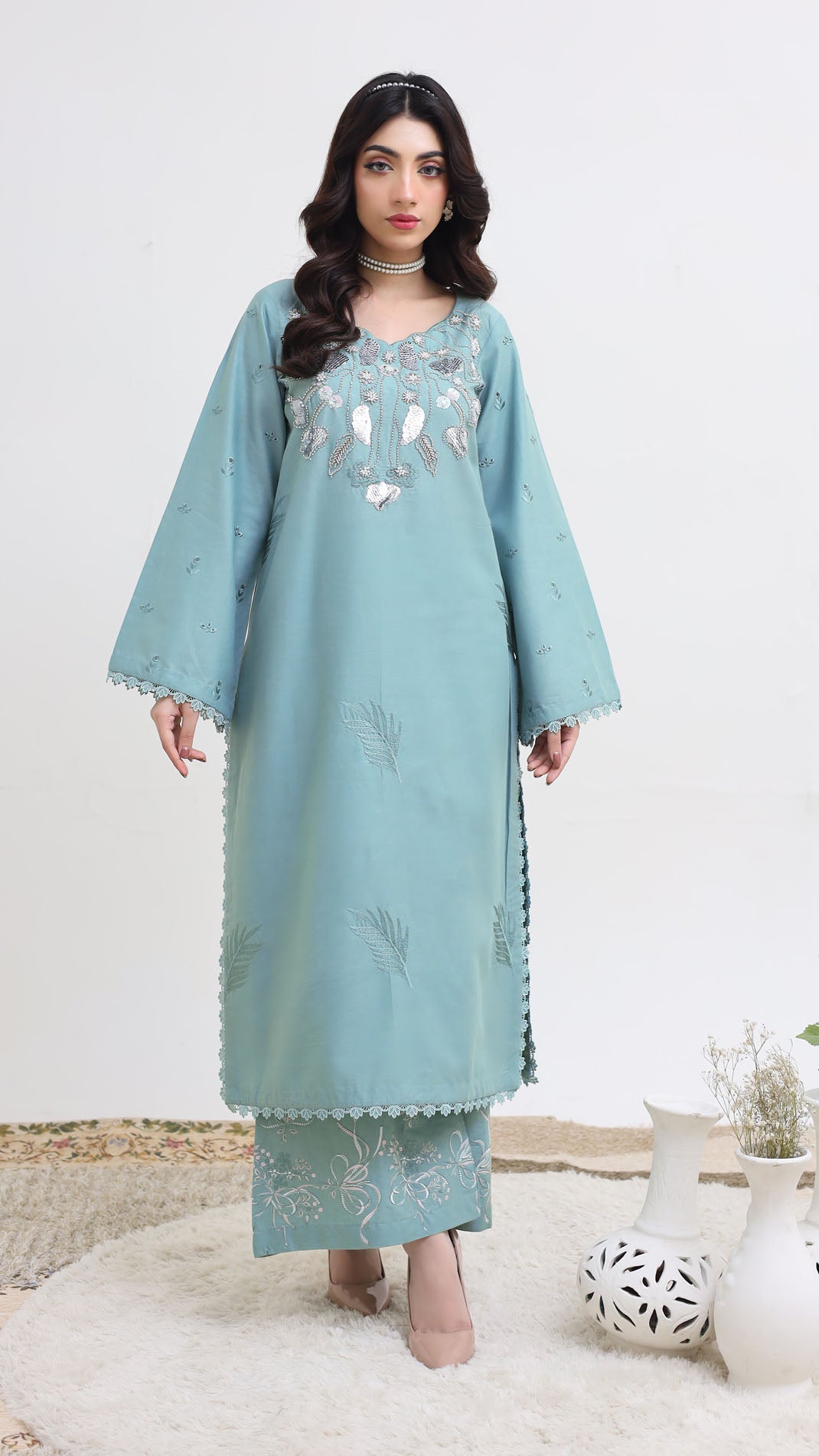 2263-Ice Blue Embroidered 2-Piece Cotton Lawn Suit