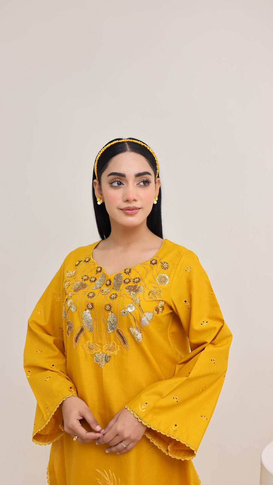 2263-Golden Embroidered 2-Piece Cotton Lawn Suit – Elegant Summer Wear
