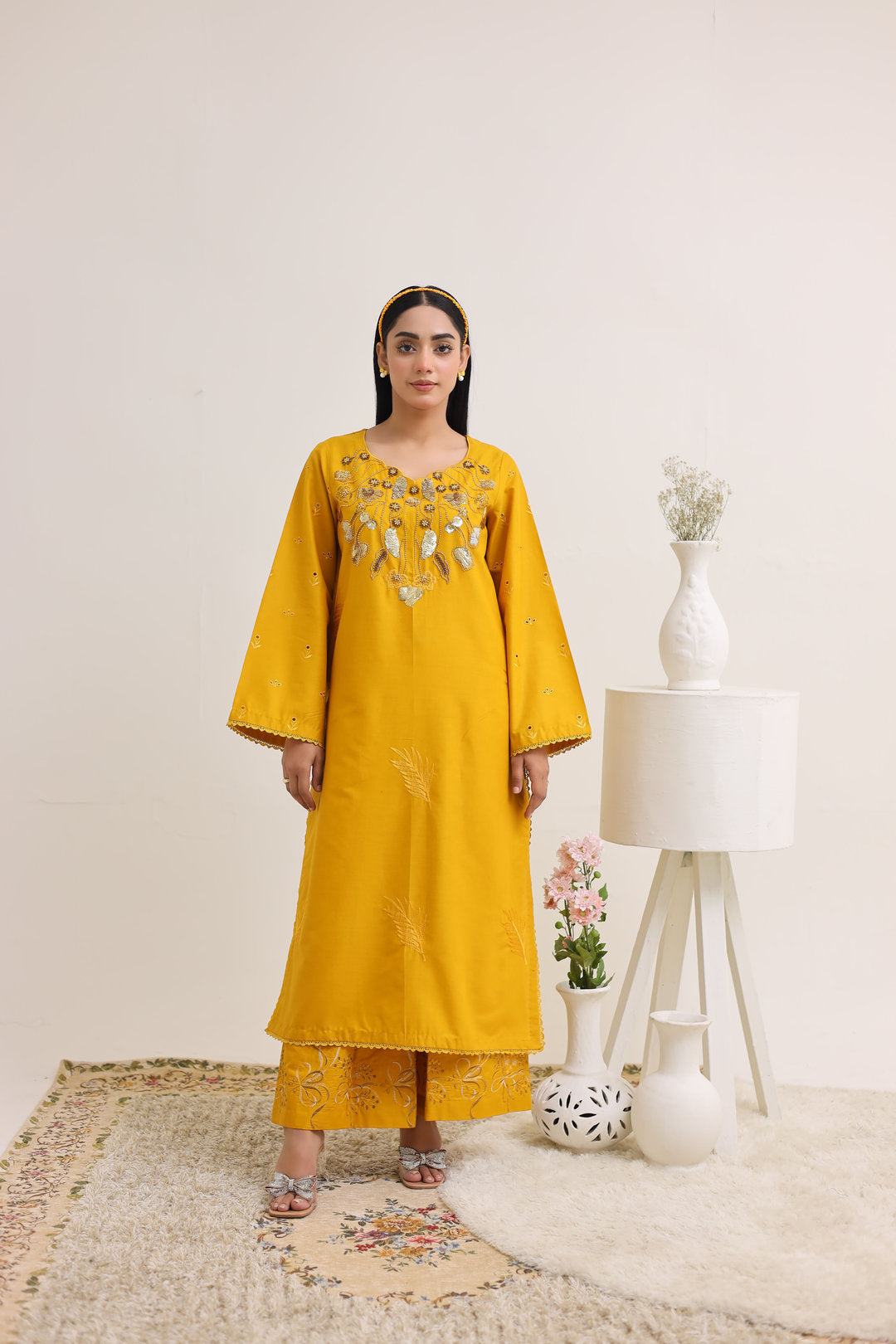 2263-Golden Embroidered 2-Piece Cotton Lawn Suit – Elegant Summer Wear