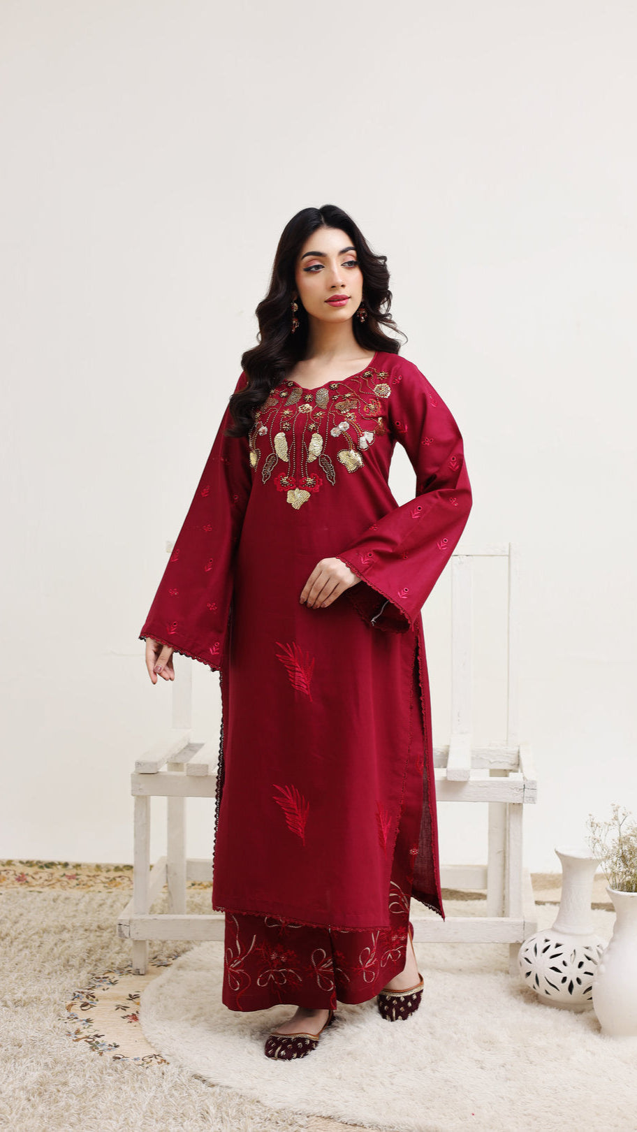 2263-Red-maroon Embroidered 2-Piece Cotton Lawn Suit – Elegant Wear