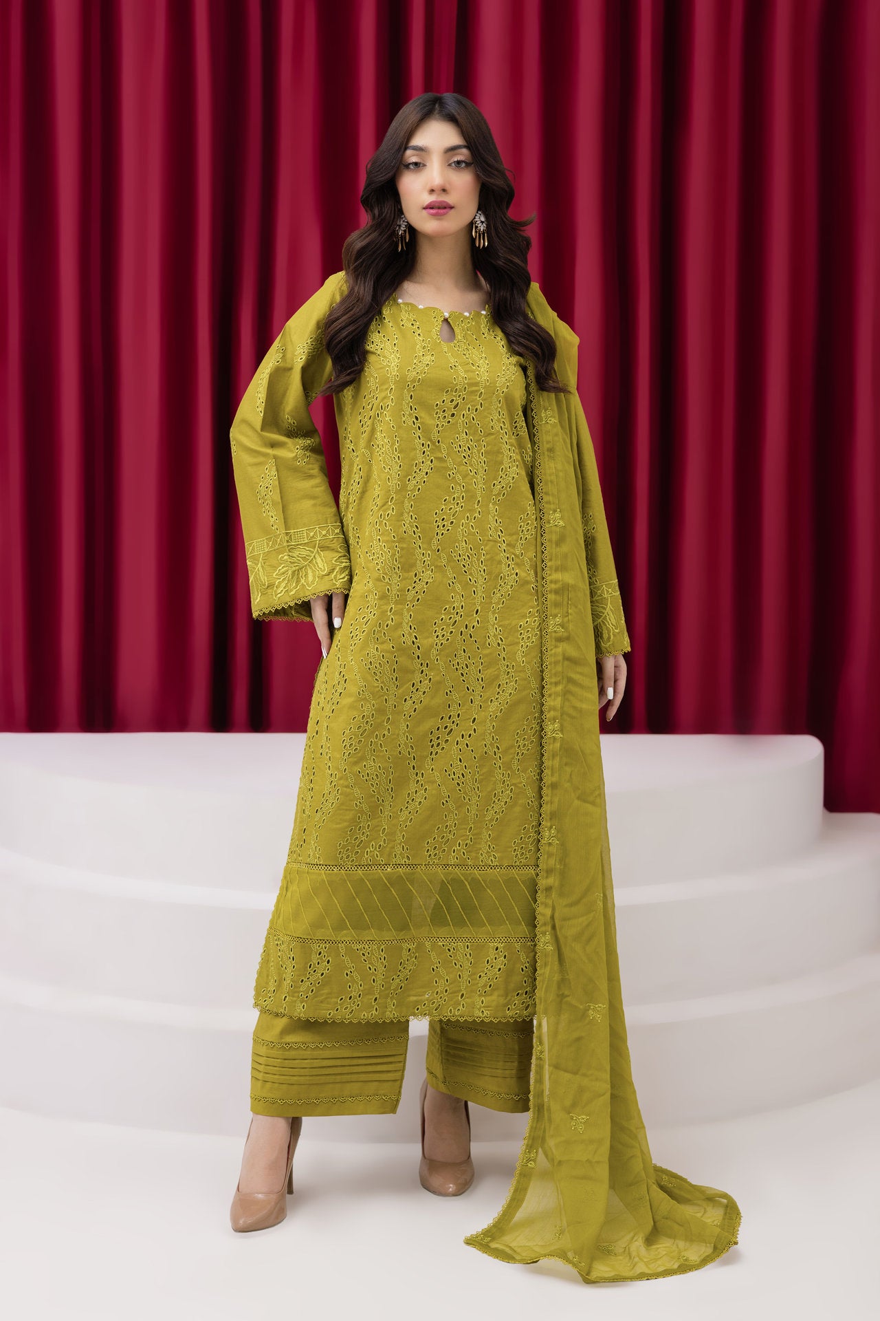 2277-Parrot Green Embroidered 3-Piece Cotton Lawn Suit