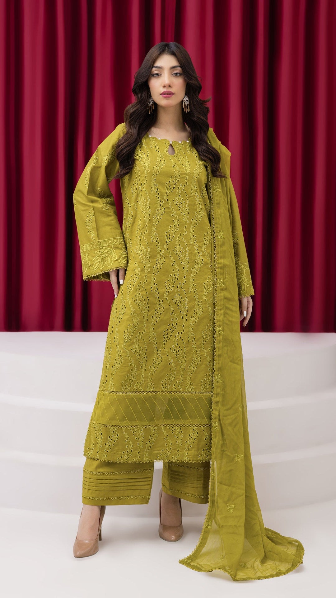 2277-Parrot Green Embroidered 3-Piece Cotton Lawn Suit