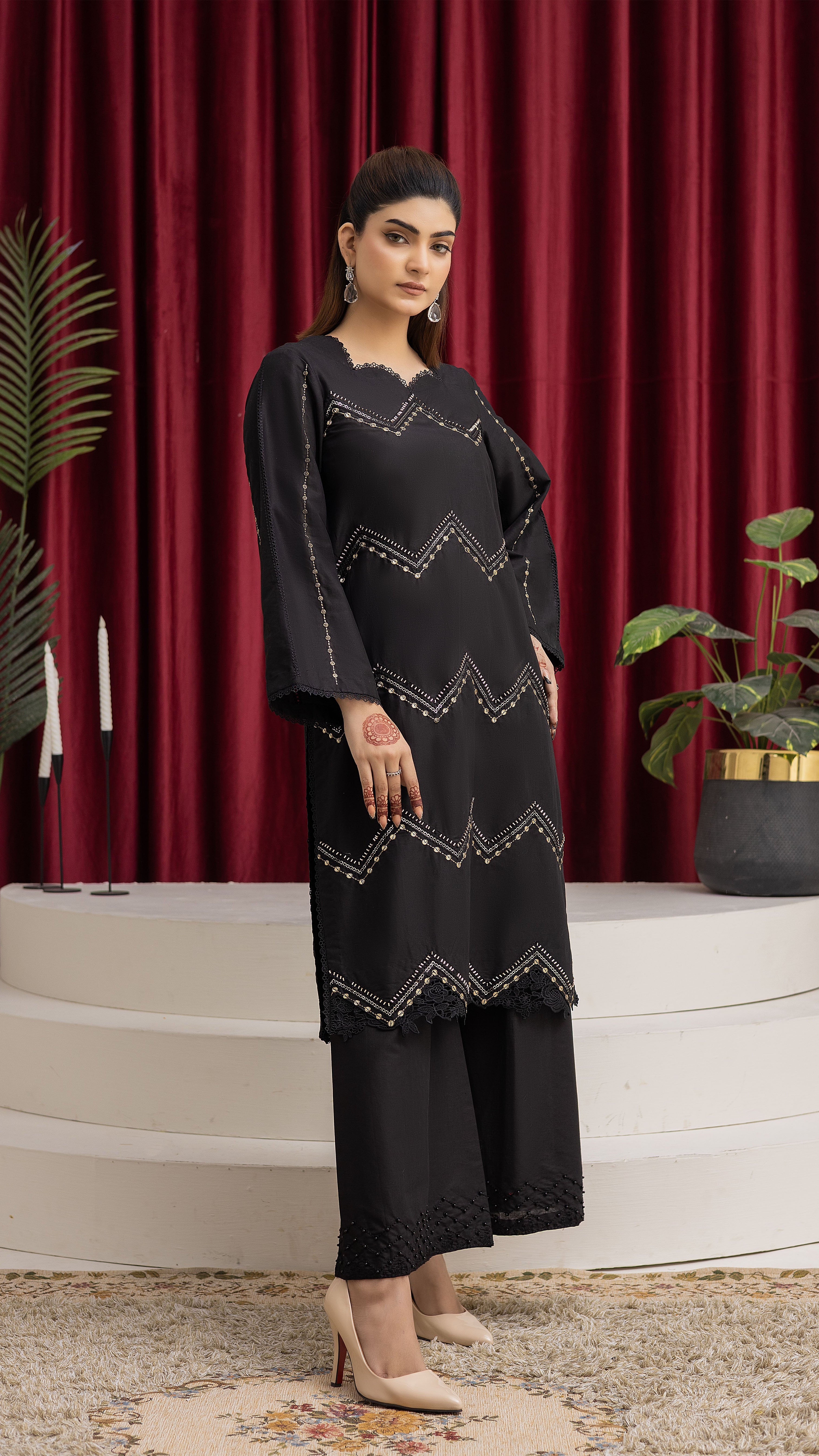 2283-Black Embroidered 2-Piece Cotton Lawn Suit
