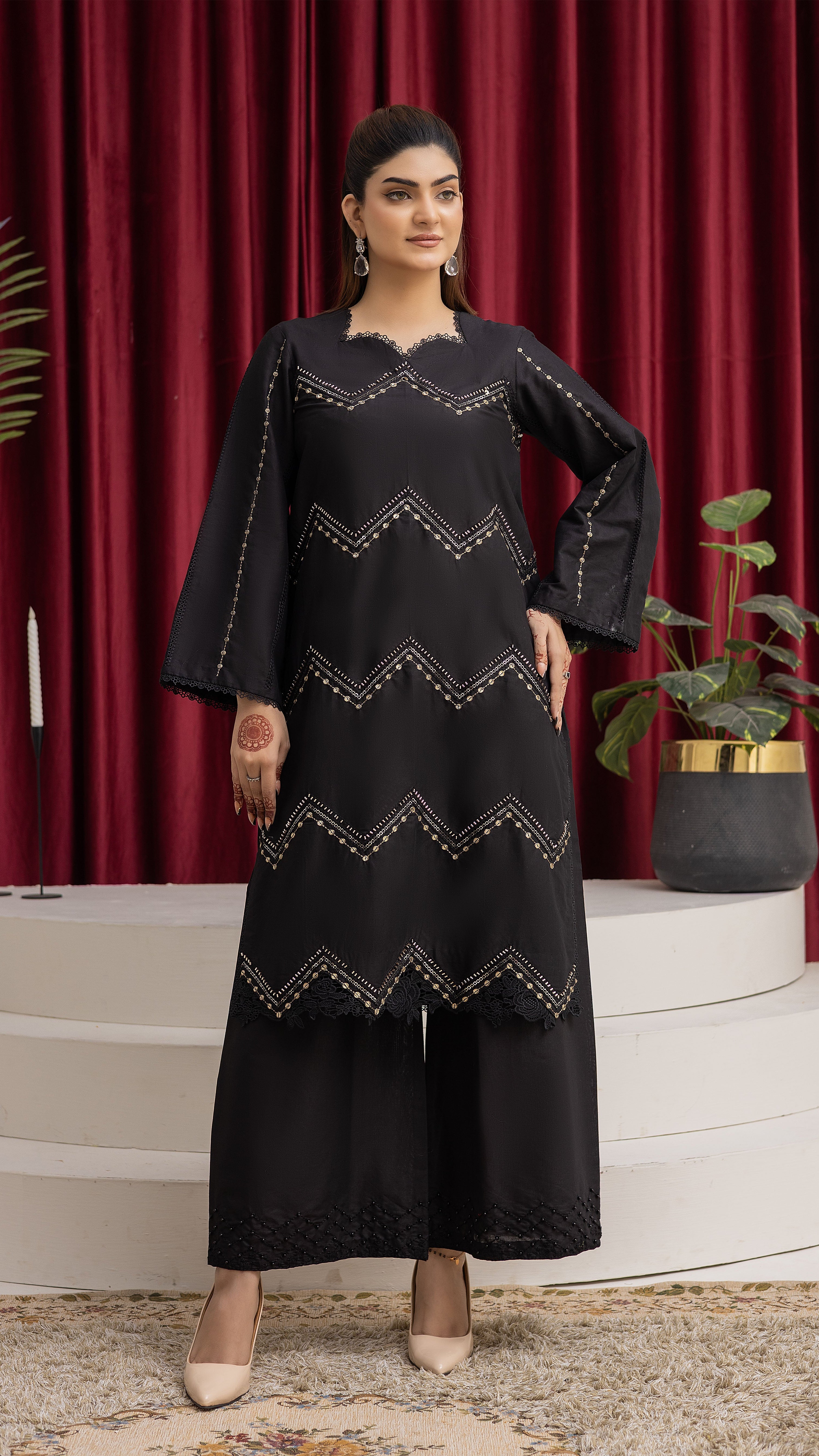 2283-Black Embroidered 2-Piece Cotton Lawn Suit