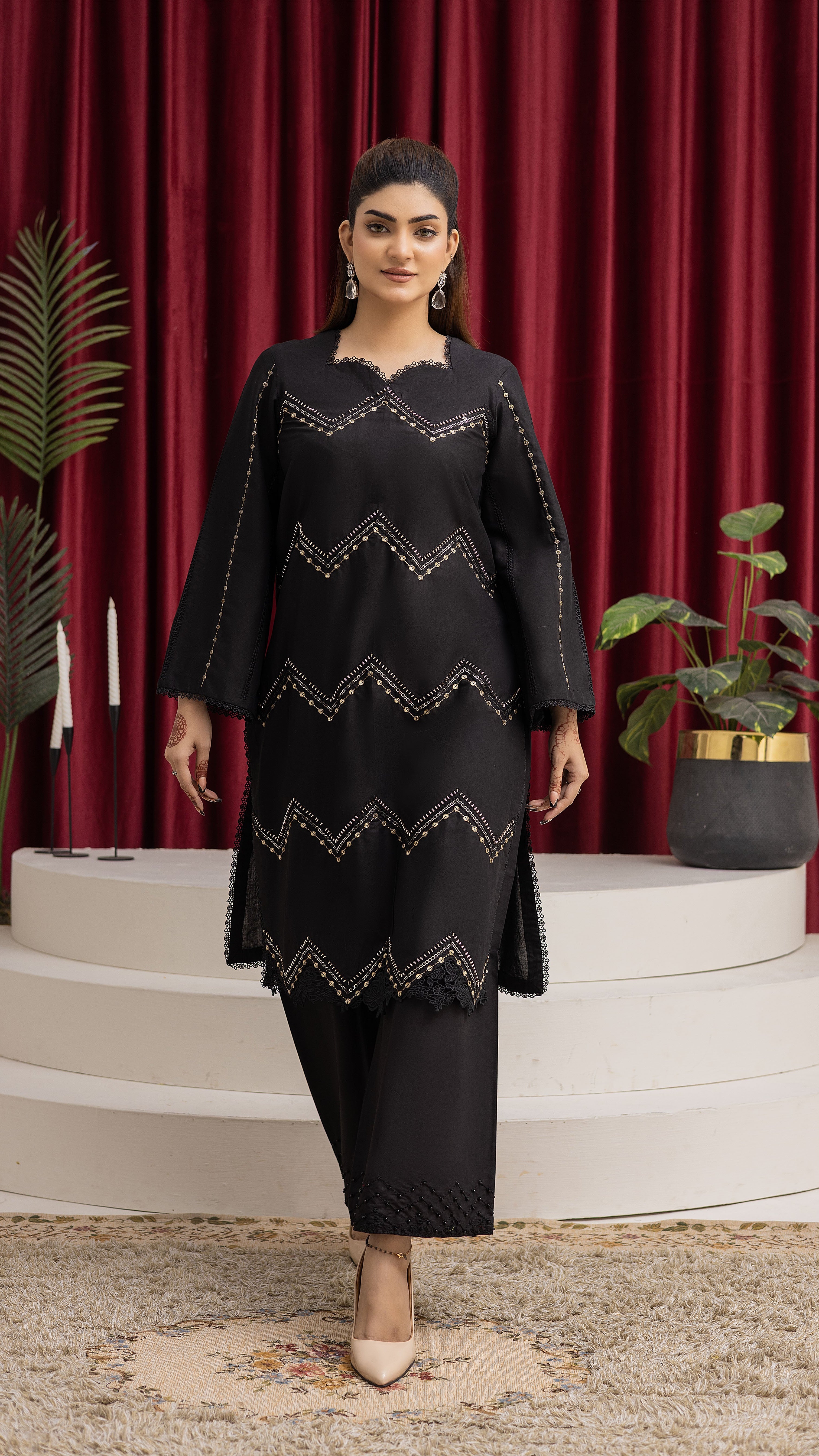 2283-Black Embroidered 2-Piece Cotton Lawn Suit