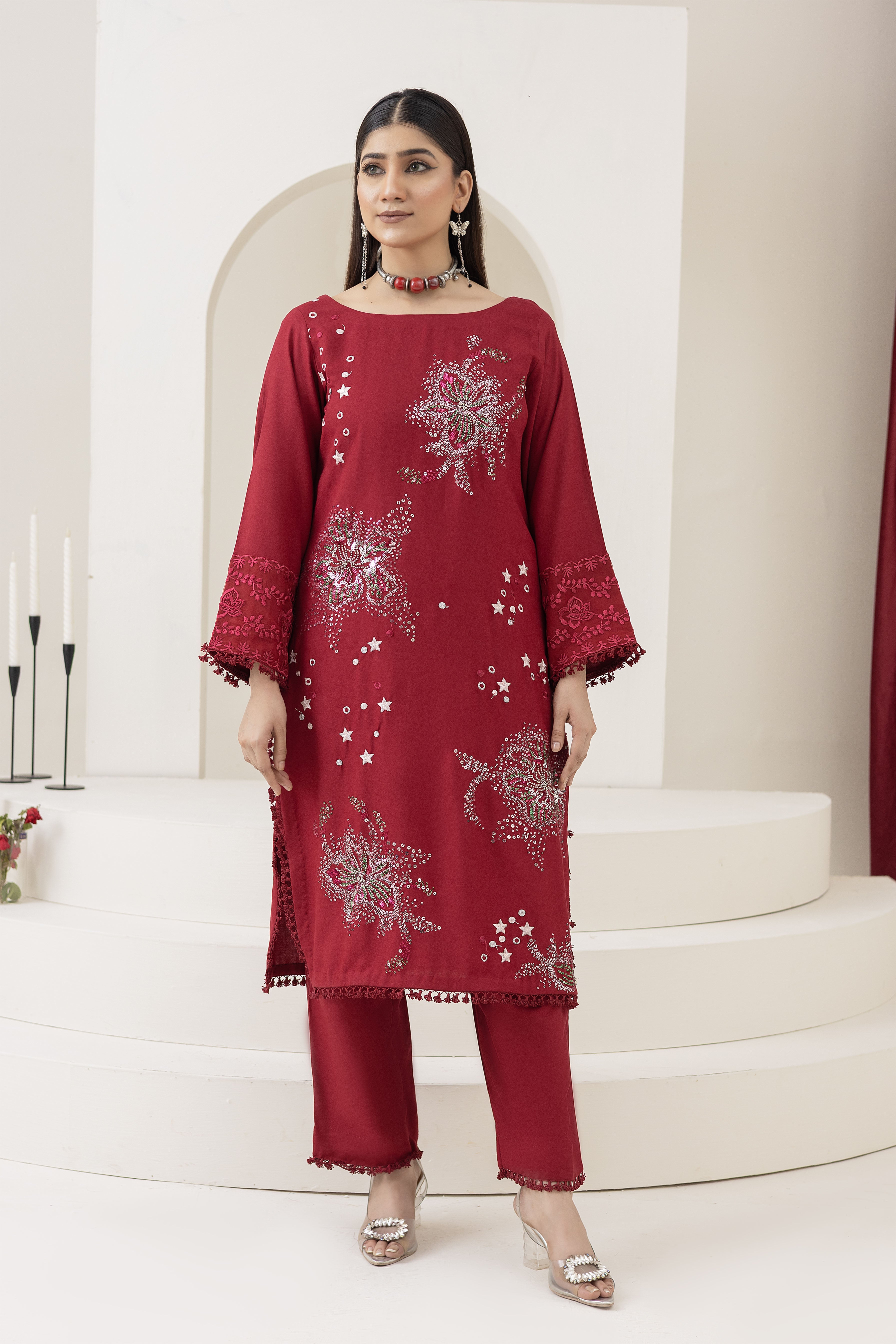 2284-Hot Pink Embroidered 2-Piece Dhanak Suit