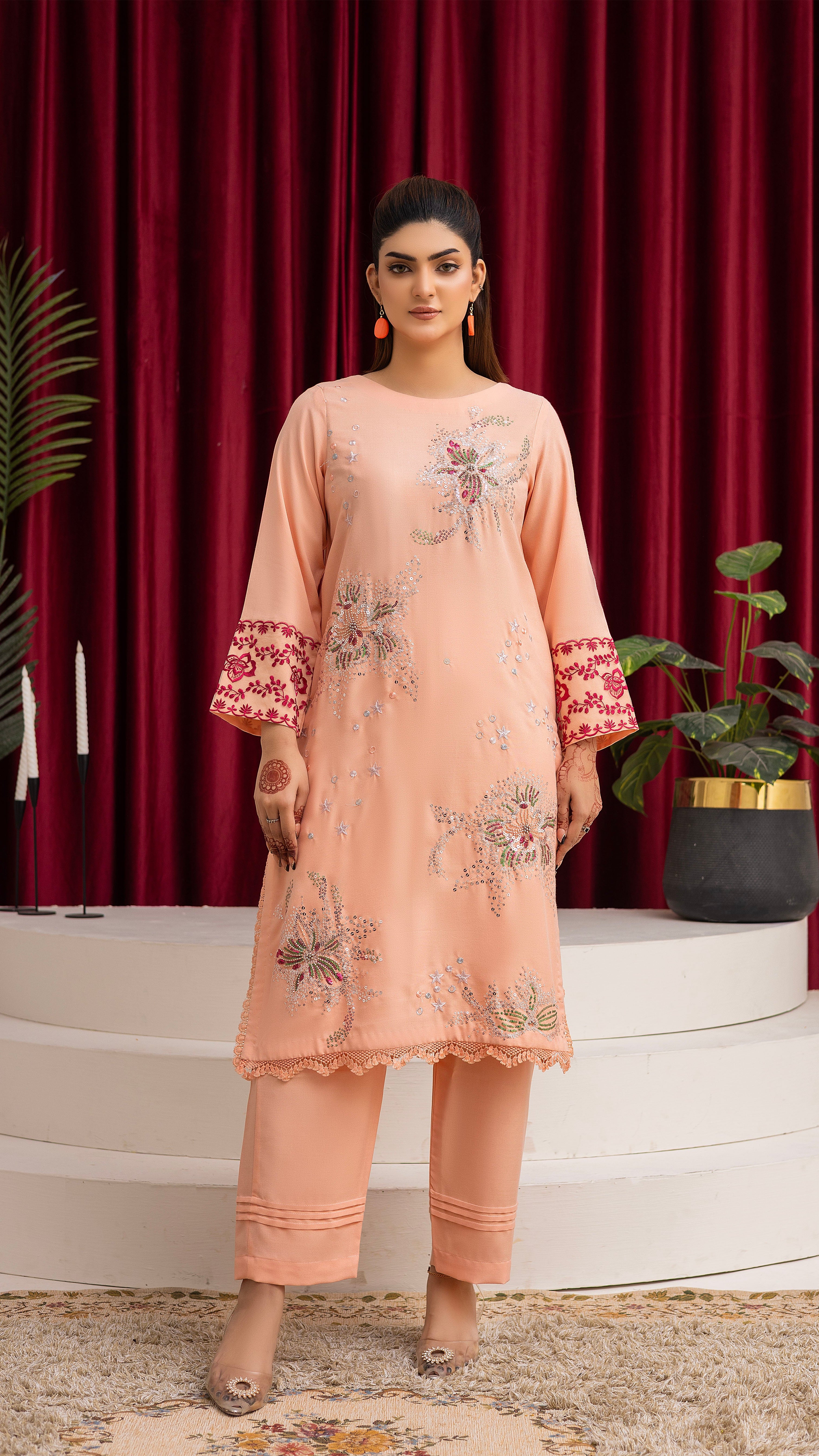2284-Peach Embroidered 2-Piece Dhanak Suit