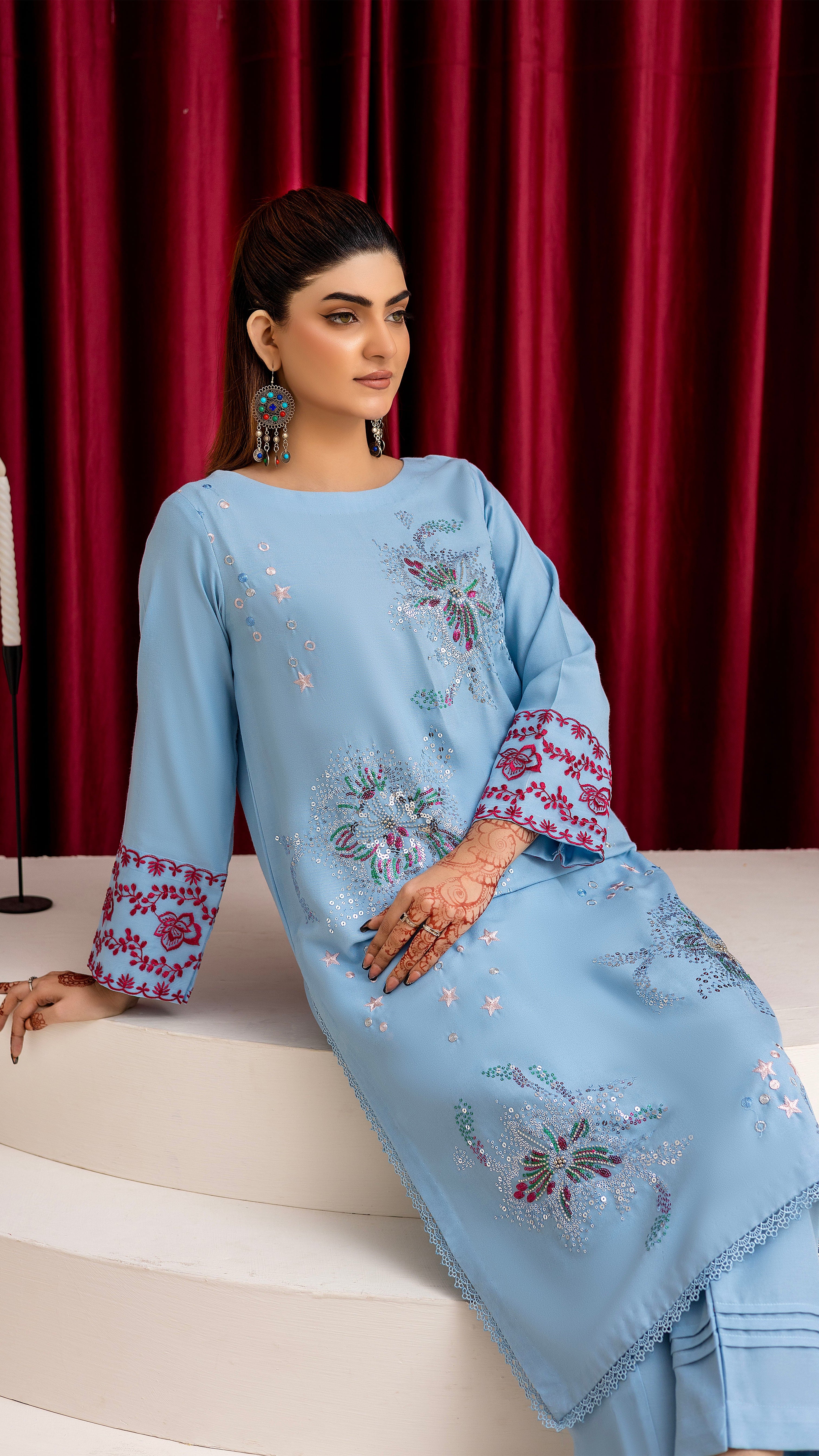 2284-Sky Blue Embroidered 2-Piece Dhanak Suit