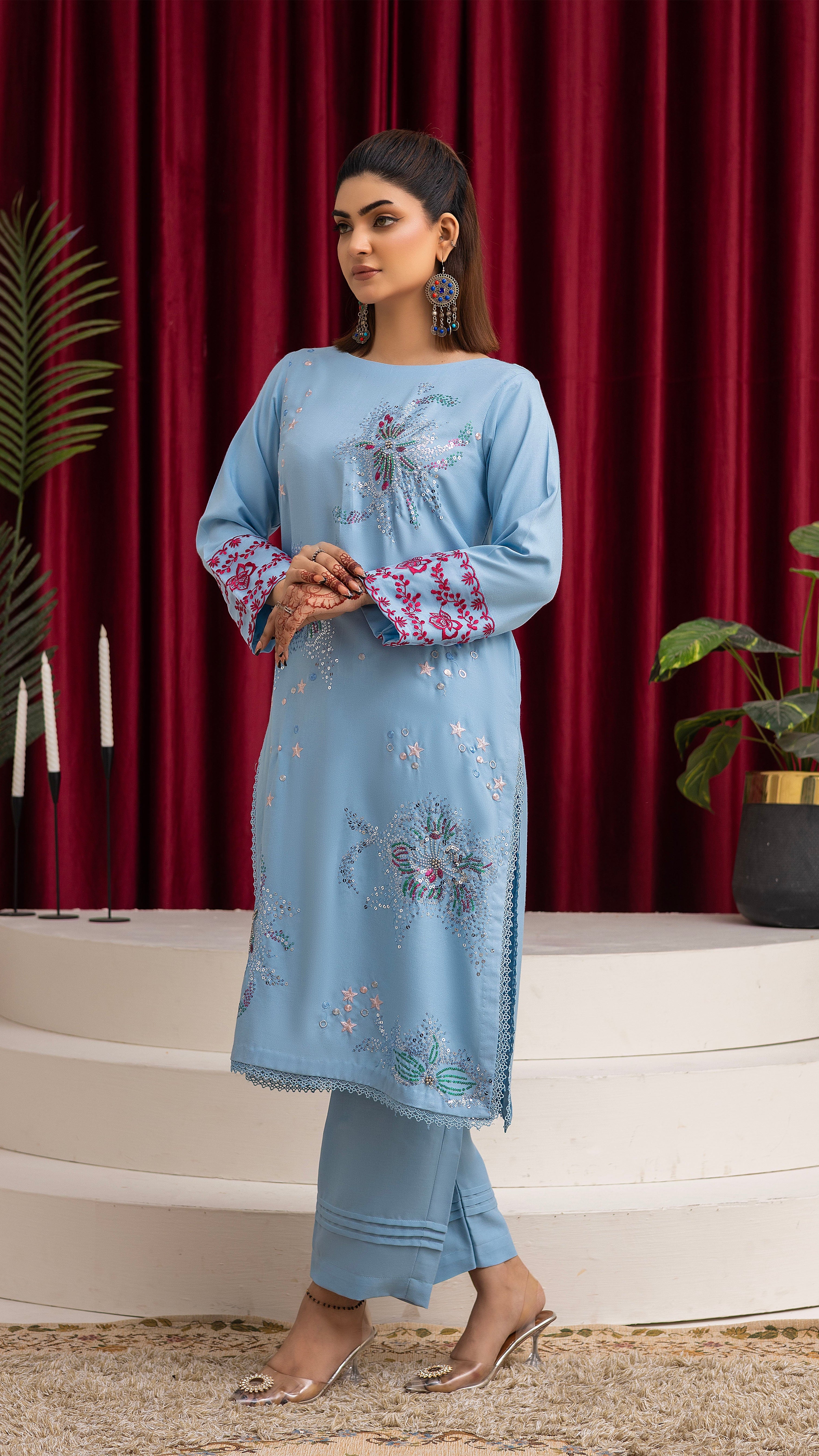 2284-Sky Blue Embroidered 2-Piece Dhanak Suit