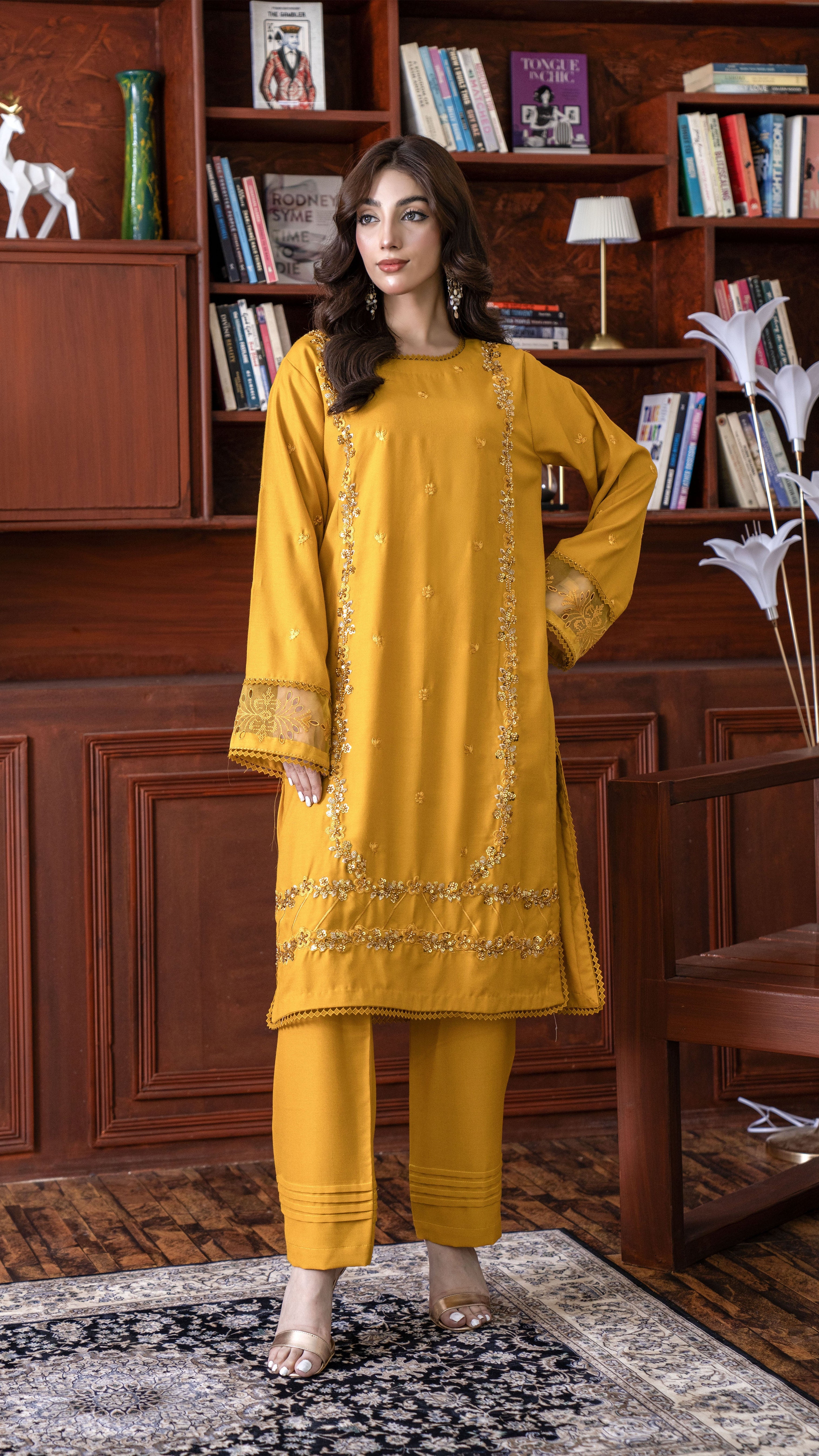 2286- 2 Piece Golden Embroidered Dhanak Suit