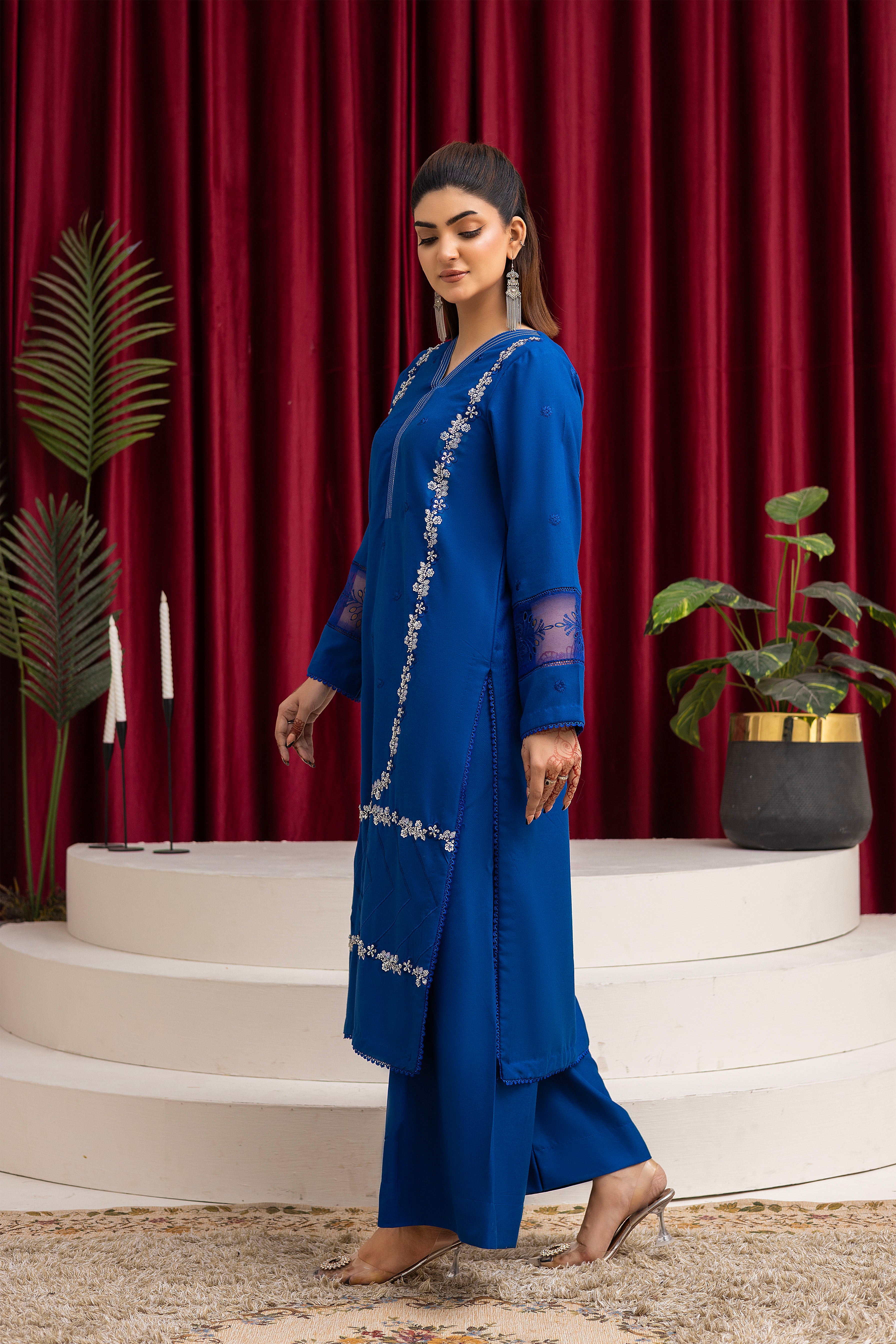 2286-Ink Blue Embroidered 2-Piece Dhanak Suit