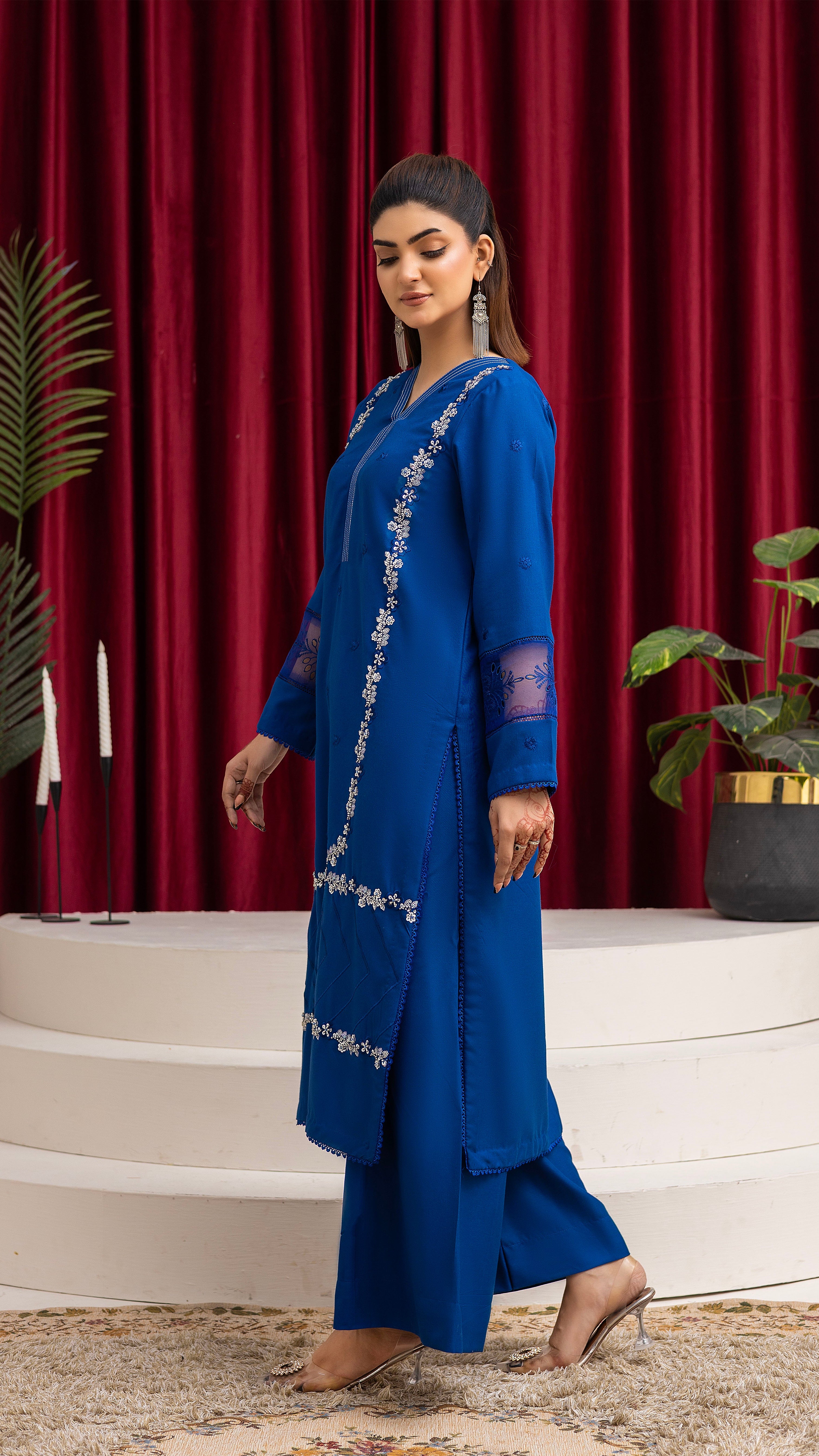 2286-Ink Blue Embroidered 2-Piece Dhanak Suit