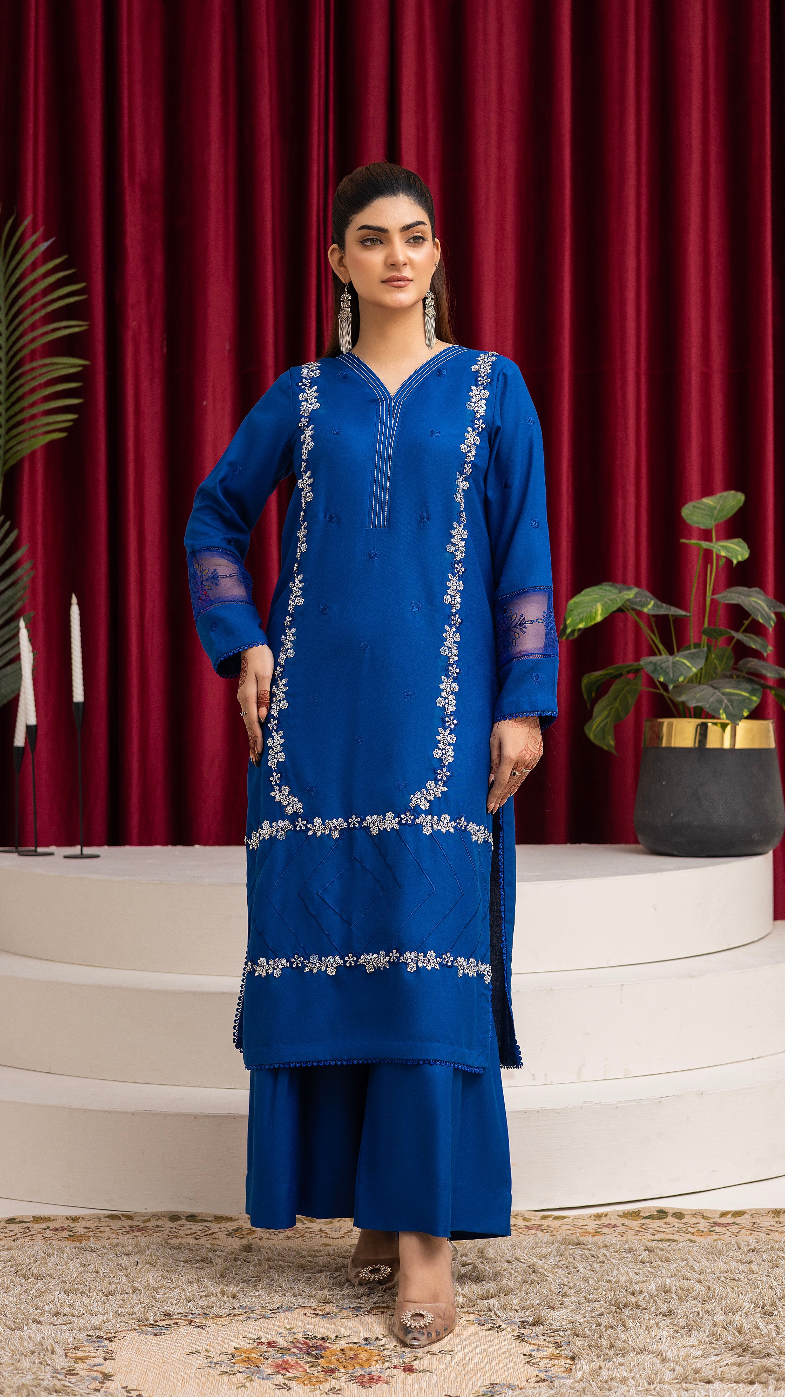 2286-Ink Blue Embroidered 2-Piece Dhanak Suit