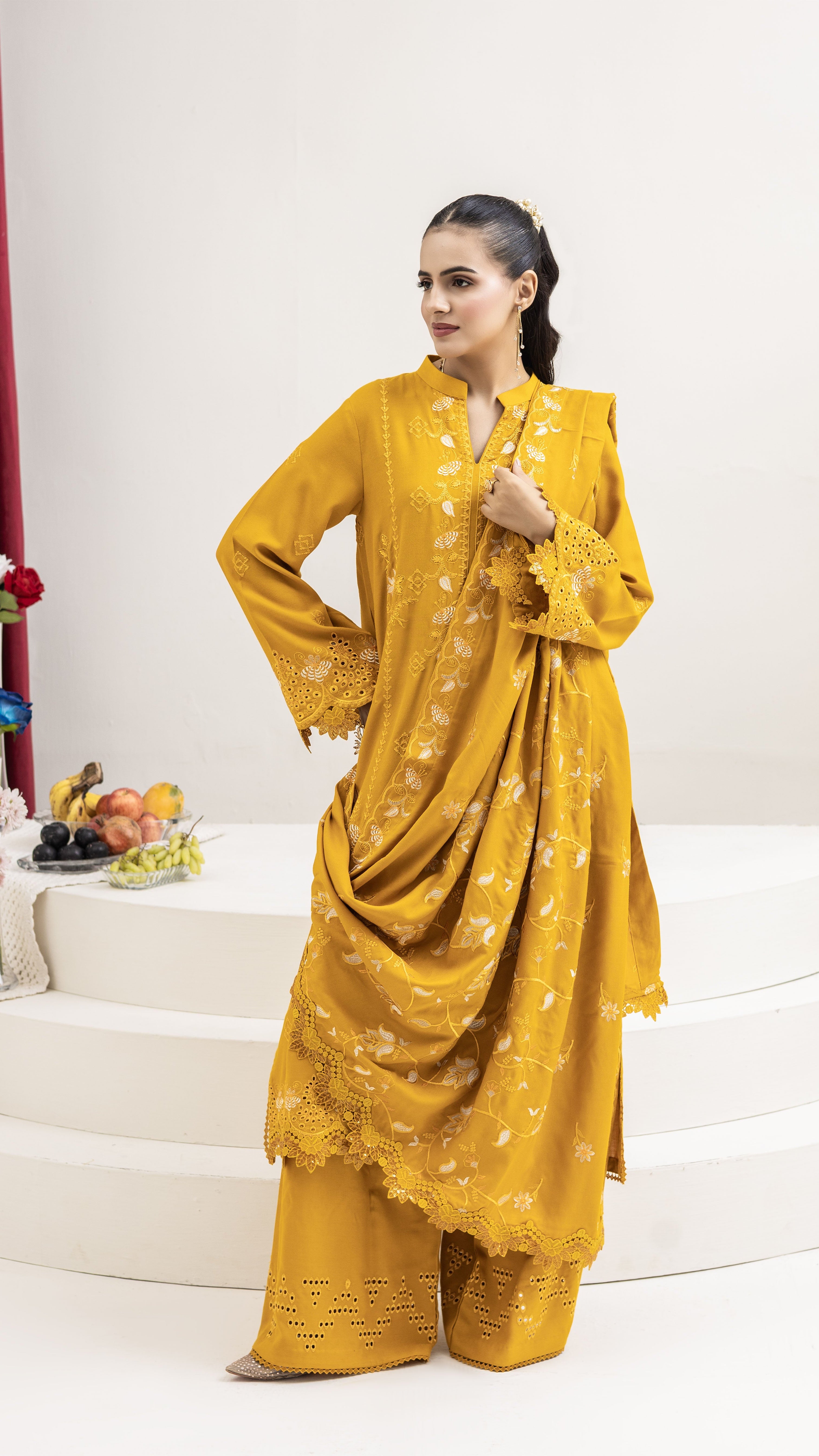 2287-Golden Embroidered 3-Piece Dhanak Suit