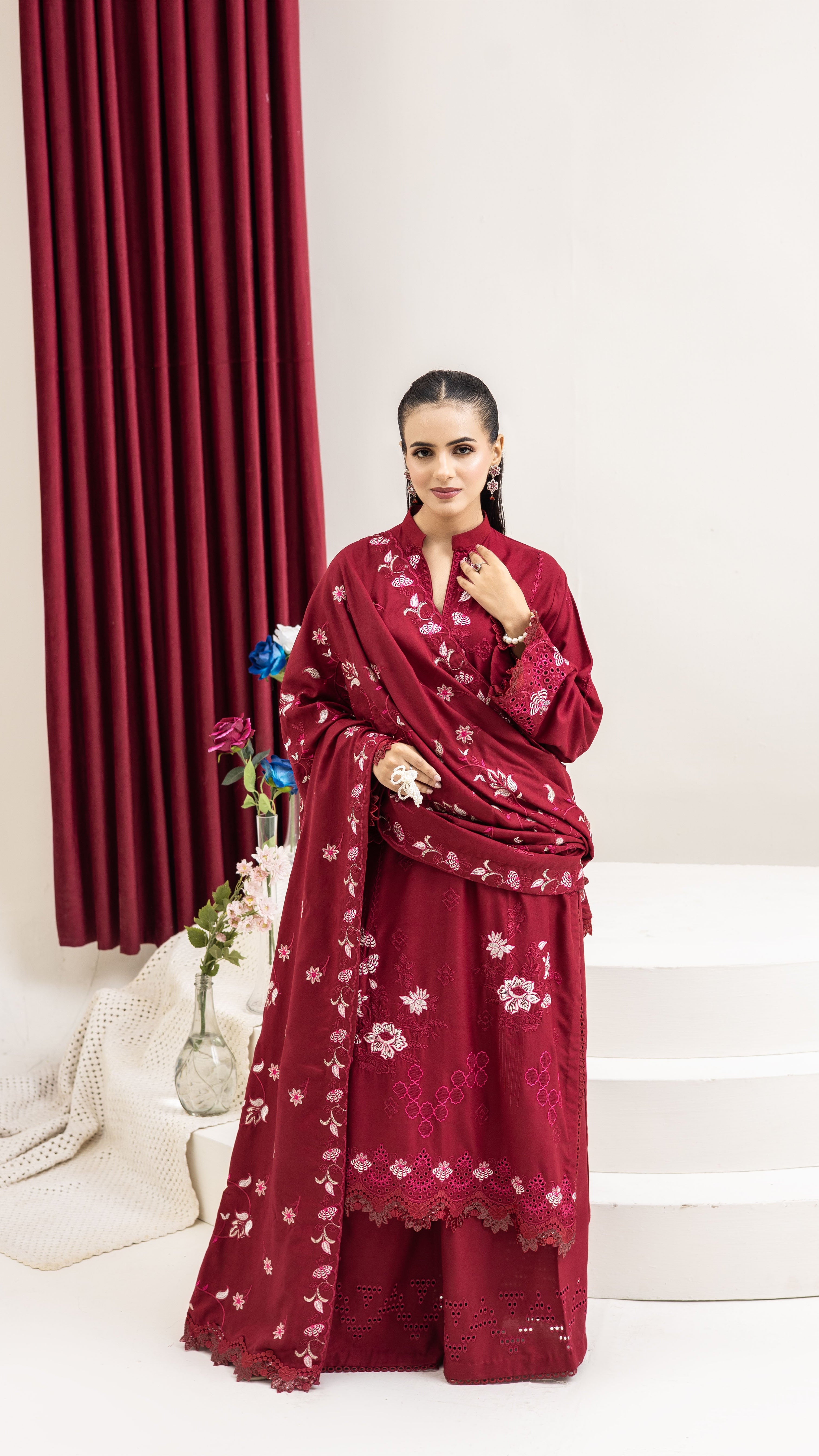 2287-Hot Pink Embroidered 3-Piece Dhanak Suit