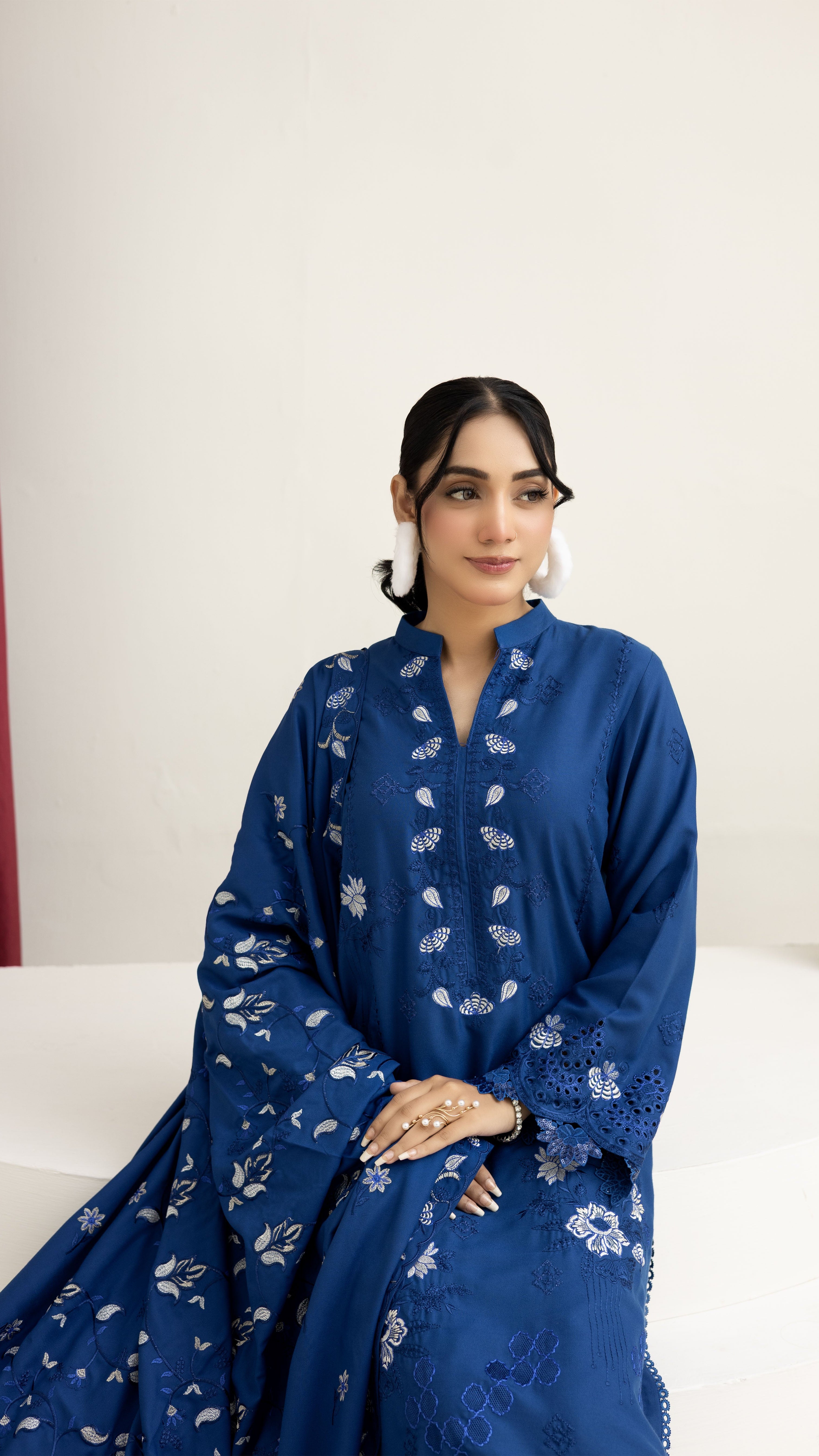 2287-Ink Blue Embroidered 3-Piece Dhanak Suit