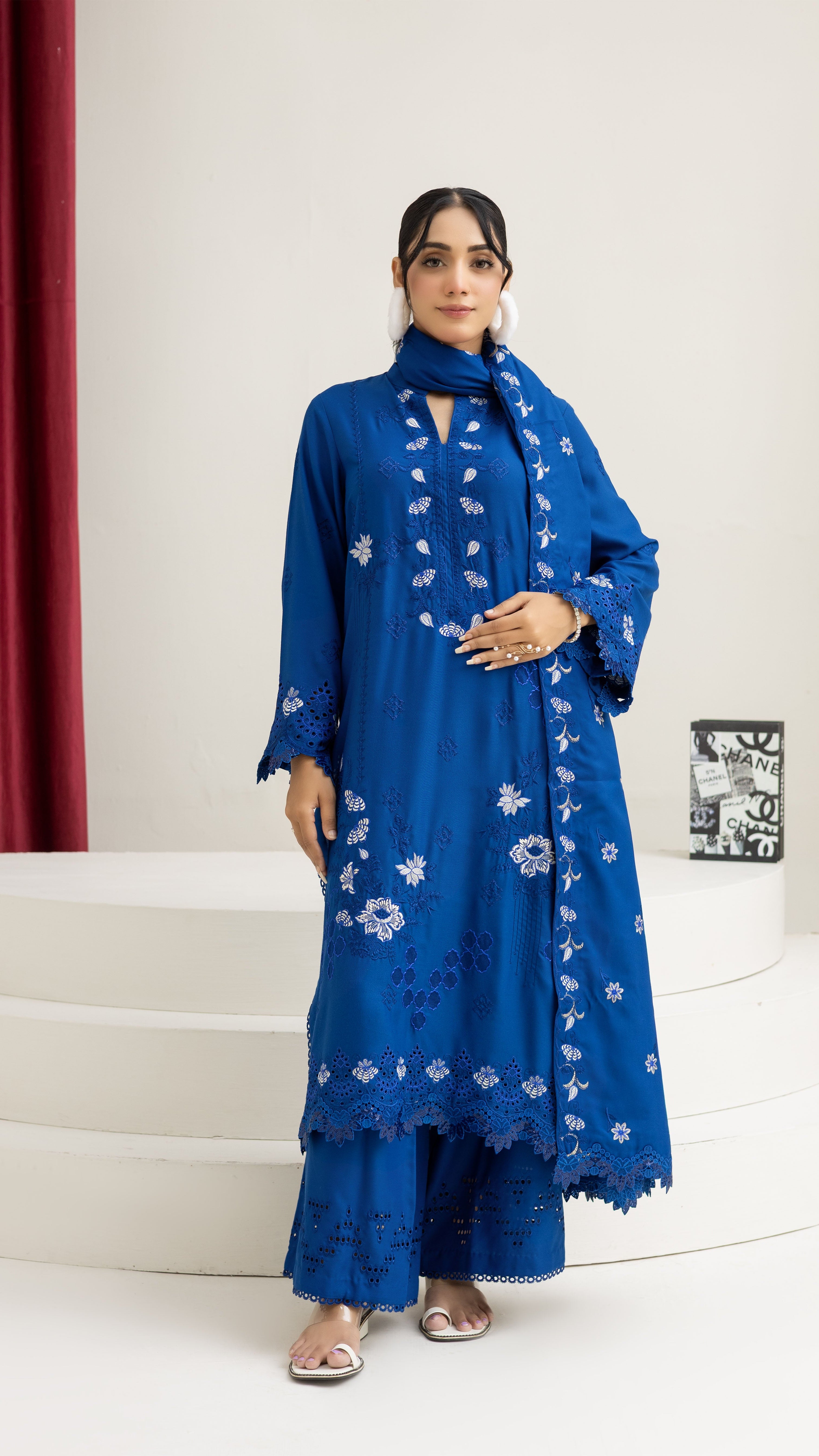 2287-Ink Blue Embroidered 3-Piece Dhanak Suit
