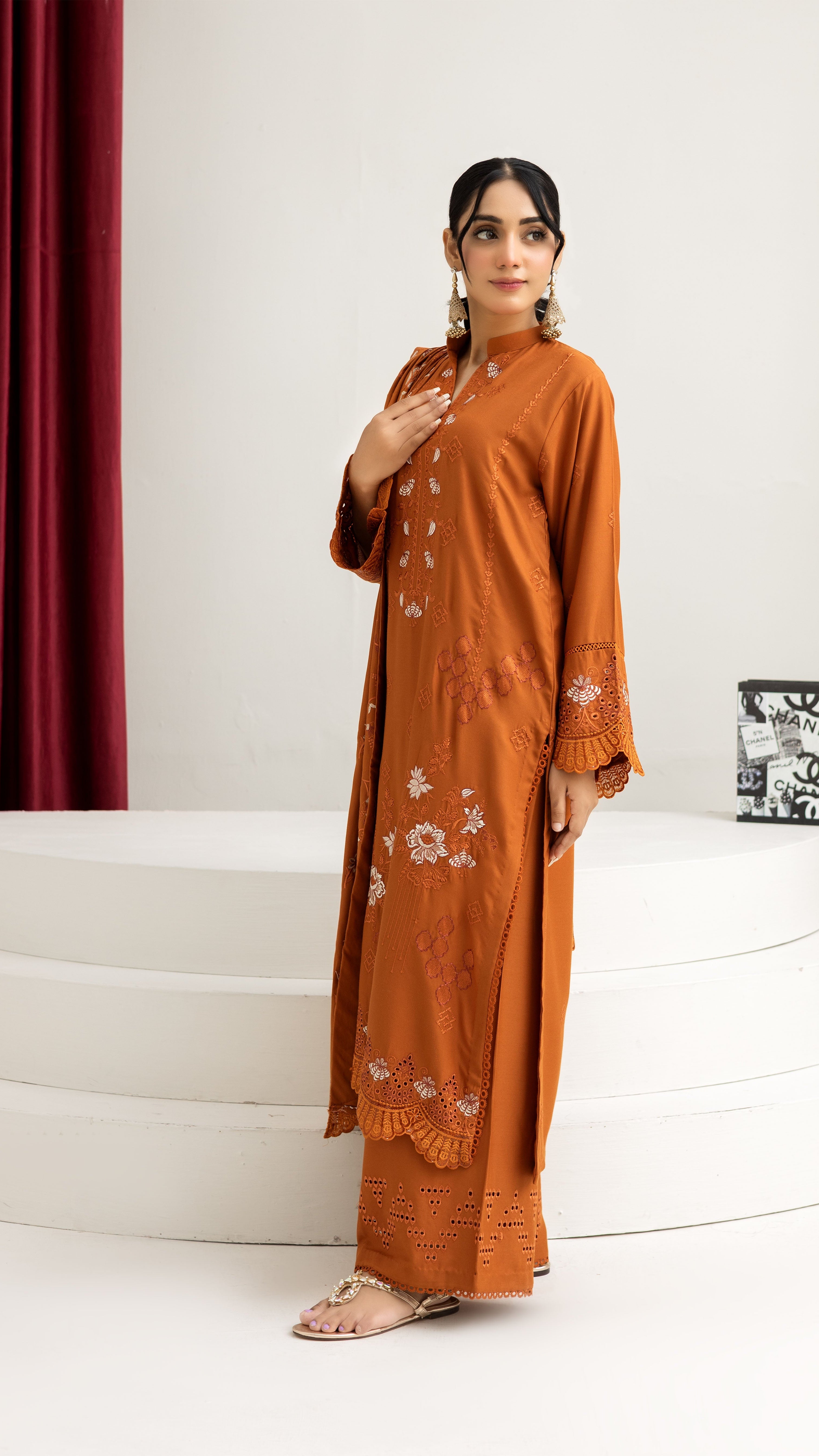 2287-Orange Embroidered 3-Piece Dhanak Suit