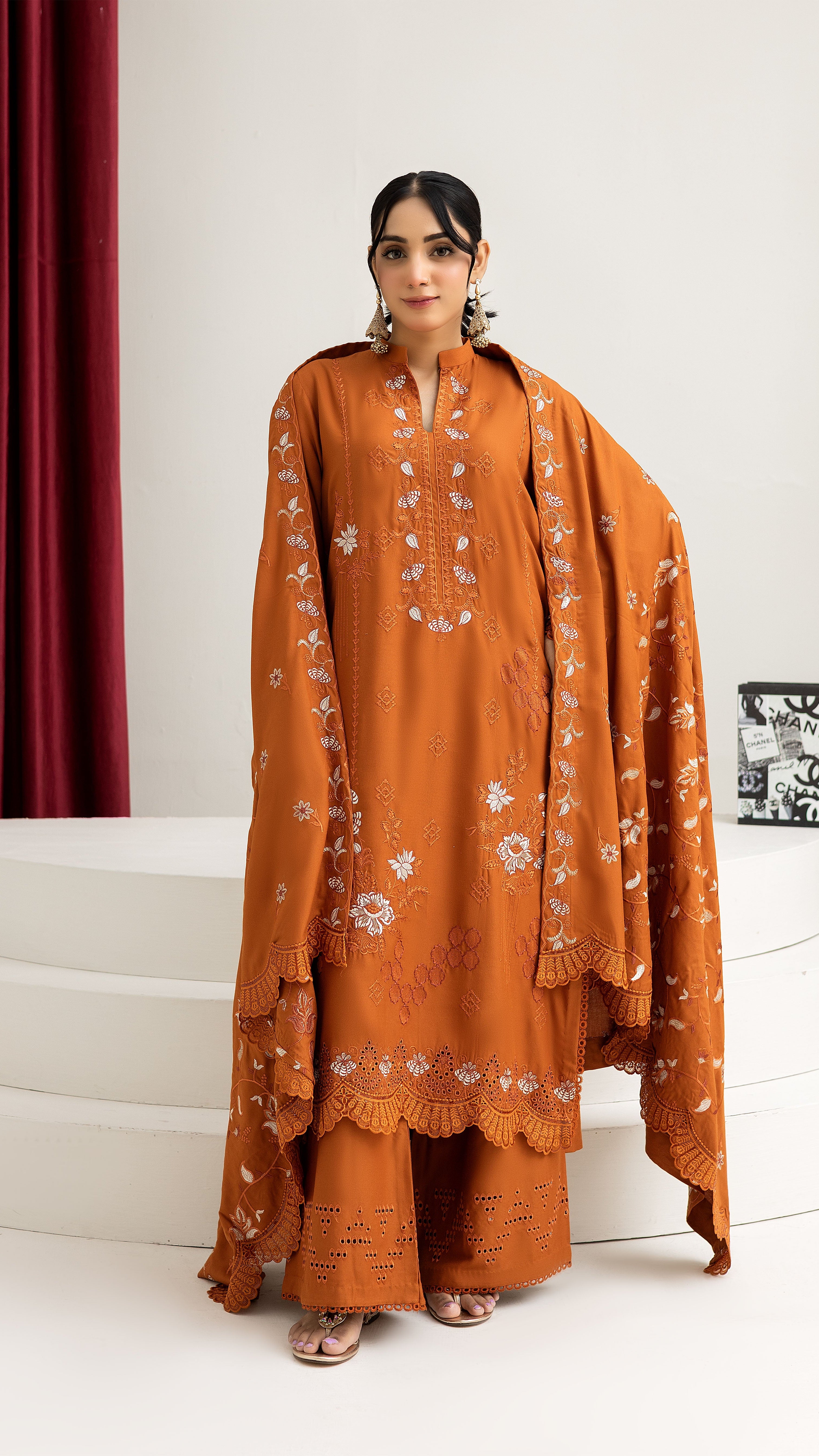 2287-Orange Embroidered 3-Piece Dhanak Suit