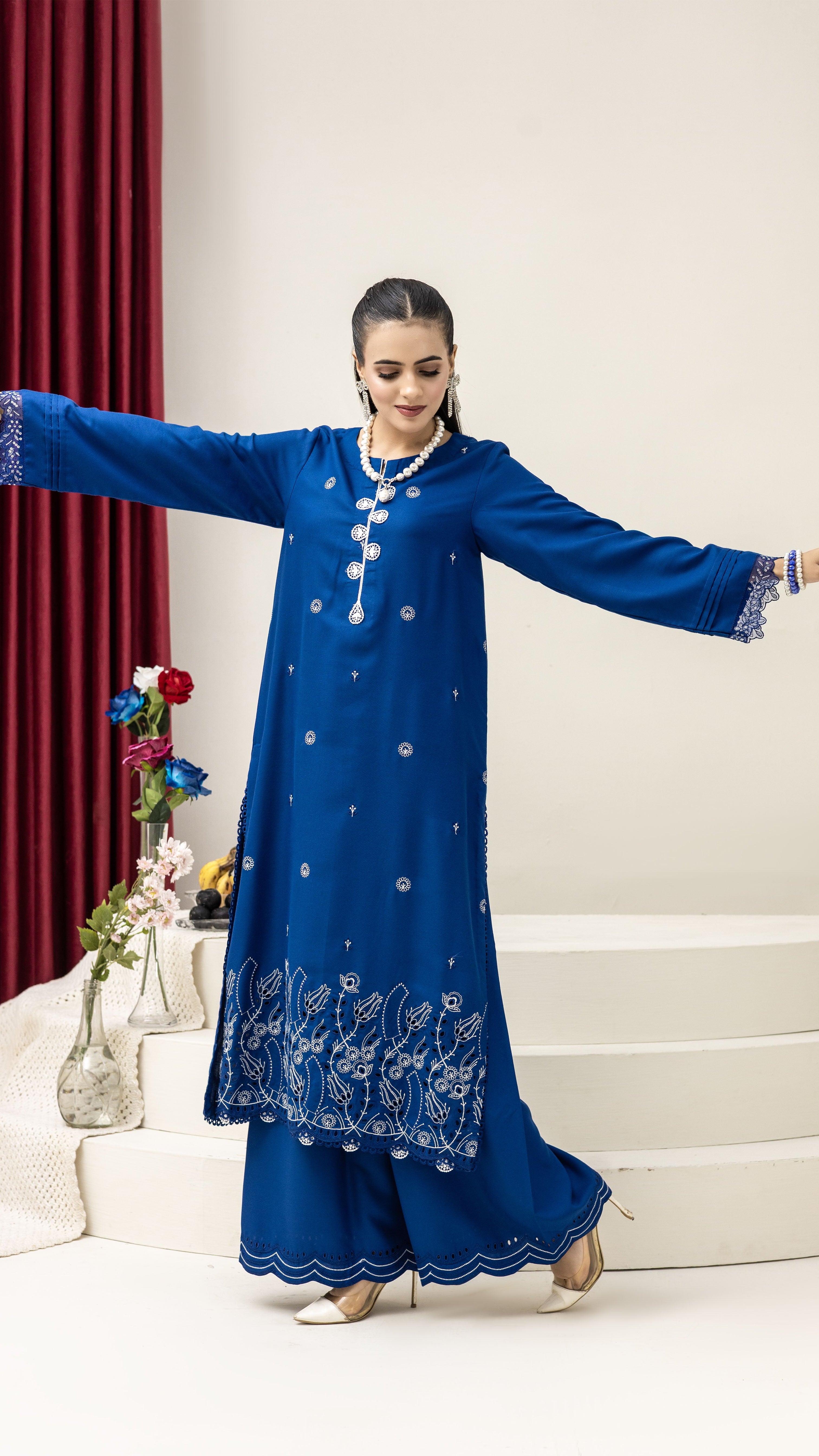 2288- 2 Piece Ink Blue Embroidered Dhanak Suit