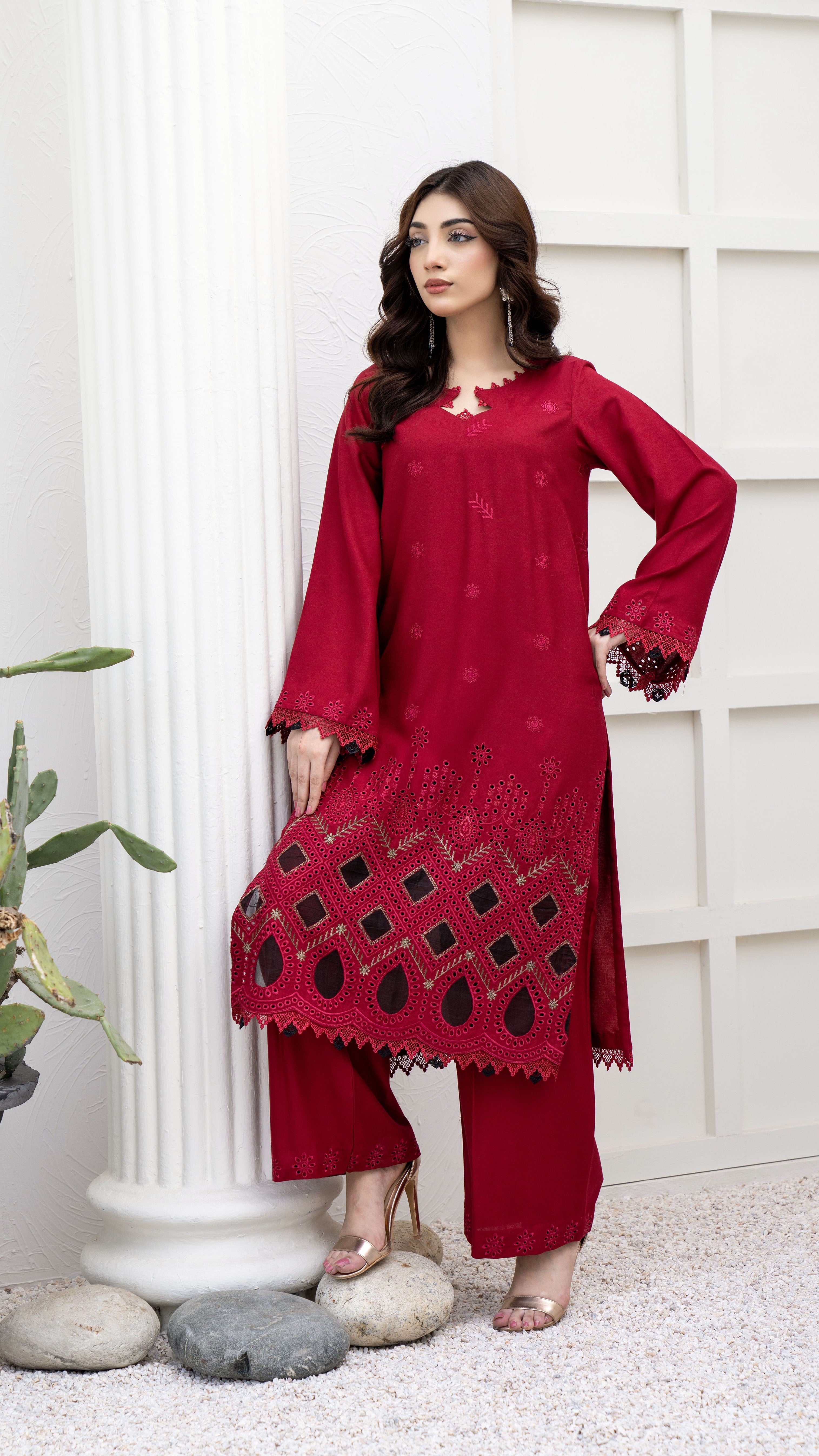 2289 2-Piece Red Embroidered Dhanak Suit
