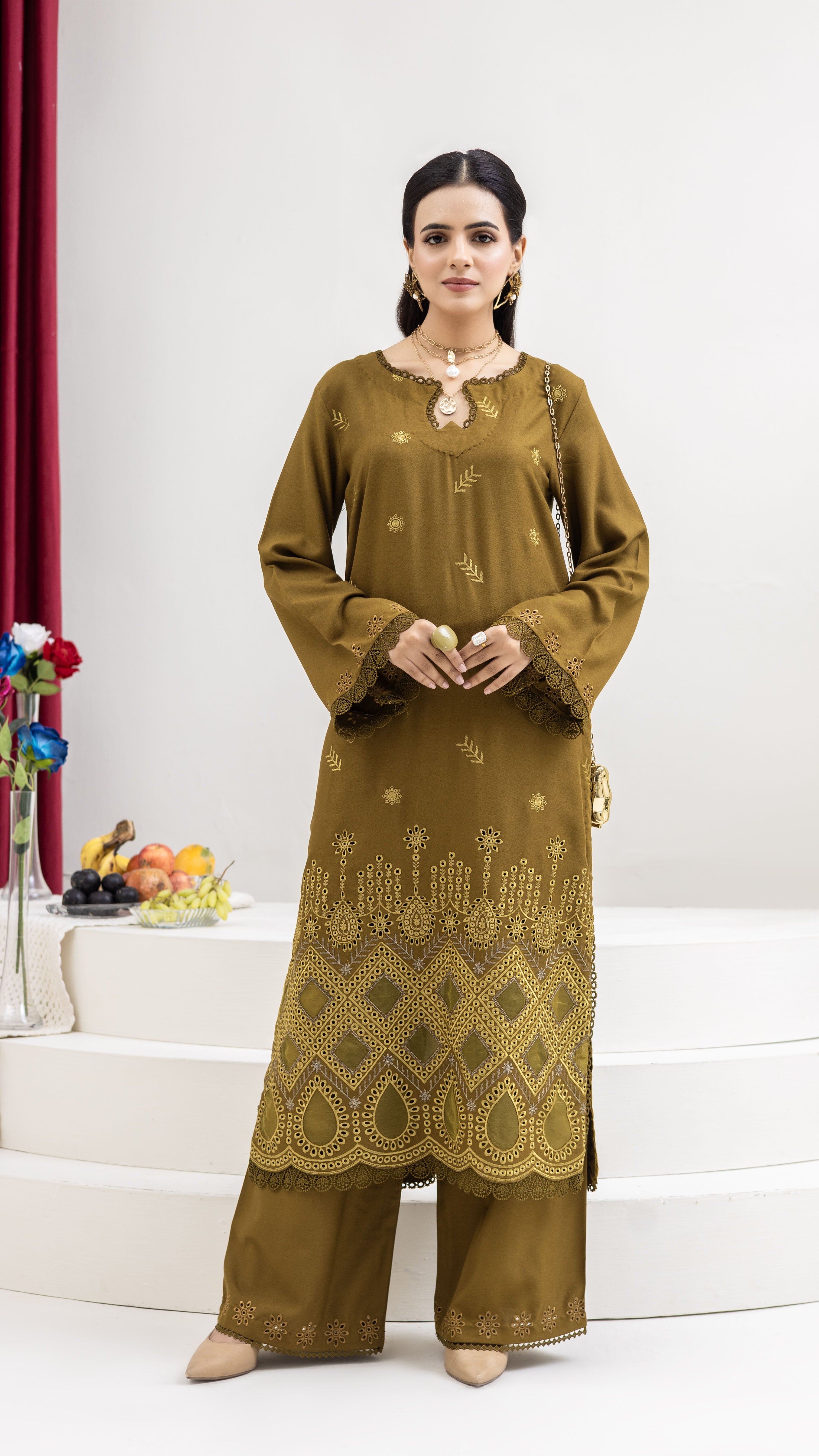 2289 2-Piece Tobacoo Embroidered Dhanak Suit