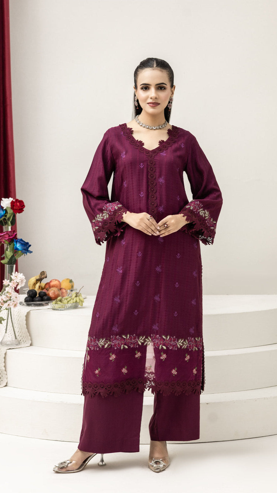 2290-2-Piece Purple Embroidered Viscose Suit