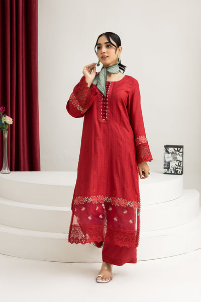 2290-2-Piece Red Embroidered Viscose Suit