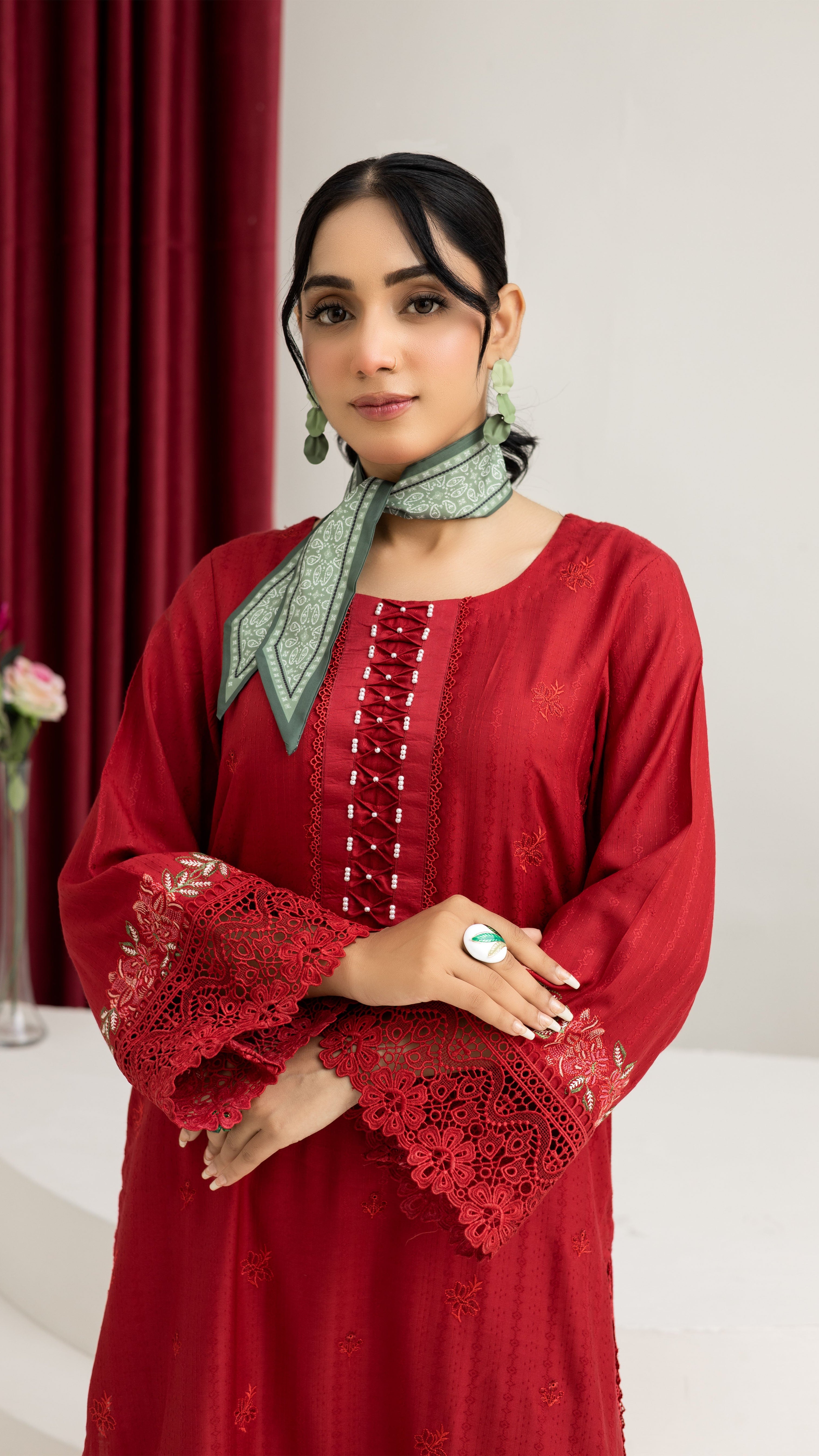 2290-2-Piece Red Embroidered Viscose Suit