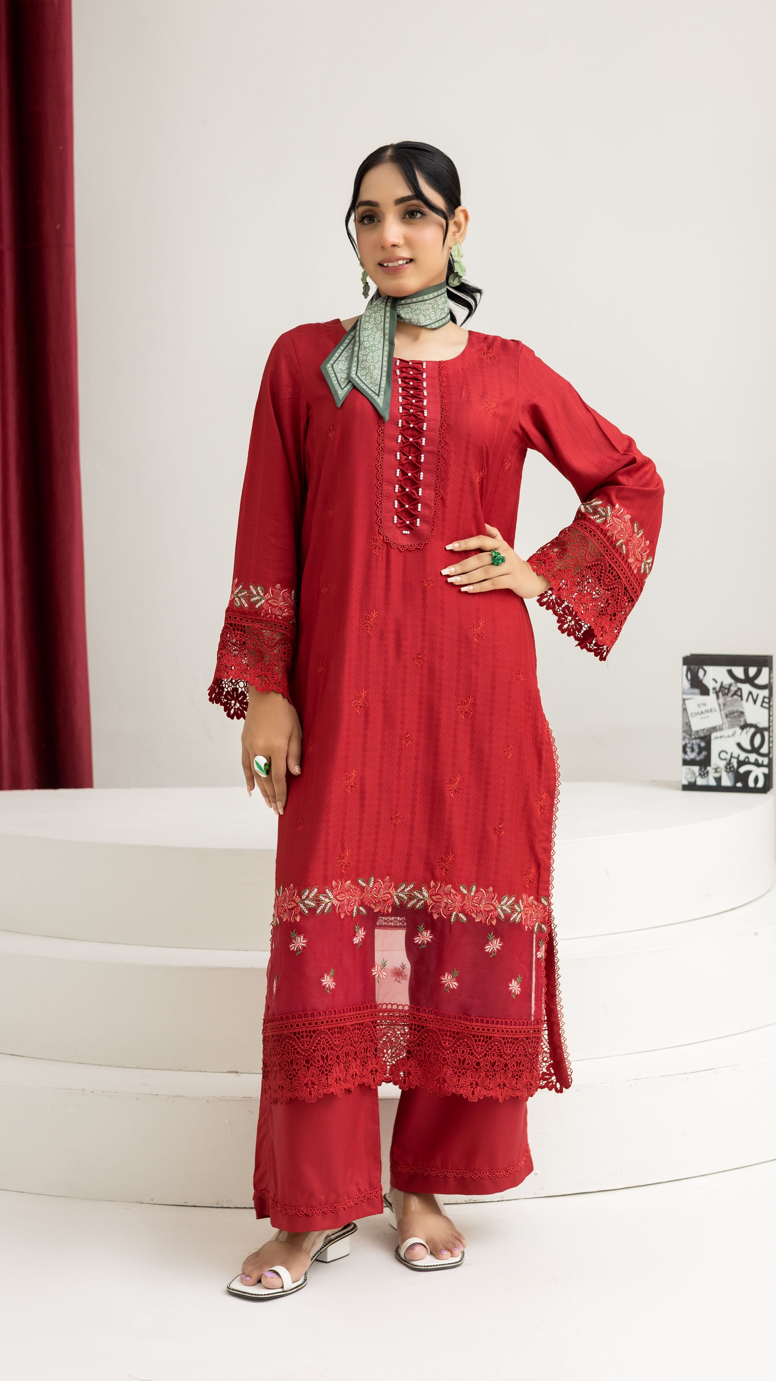 2290-2-Piece Red Embroidered Viscose Suit