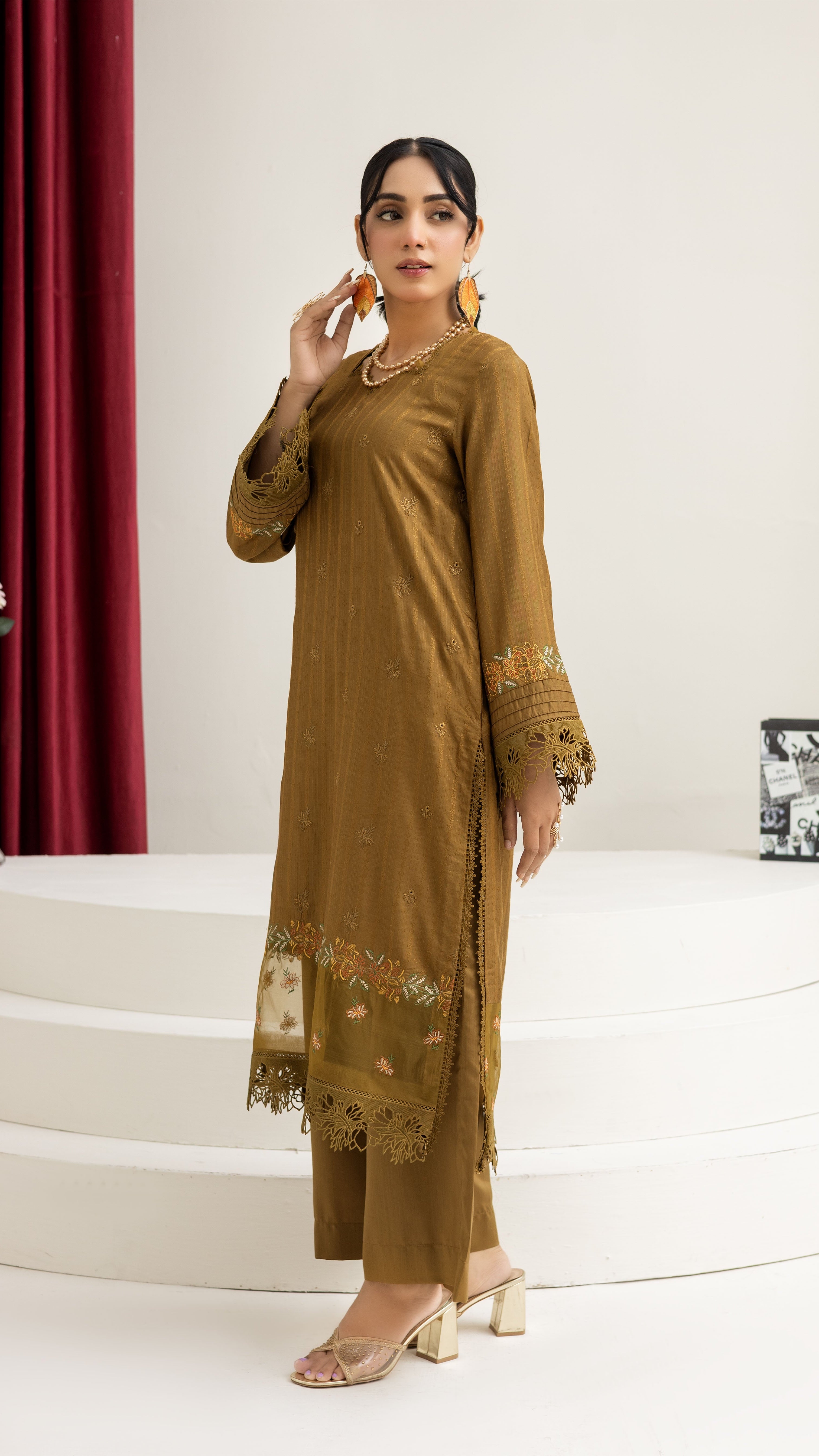 2290-2-Piece Tobacoo Embroidered Viscose Suit