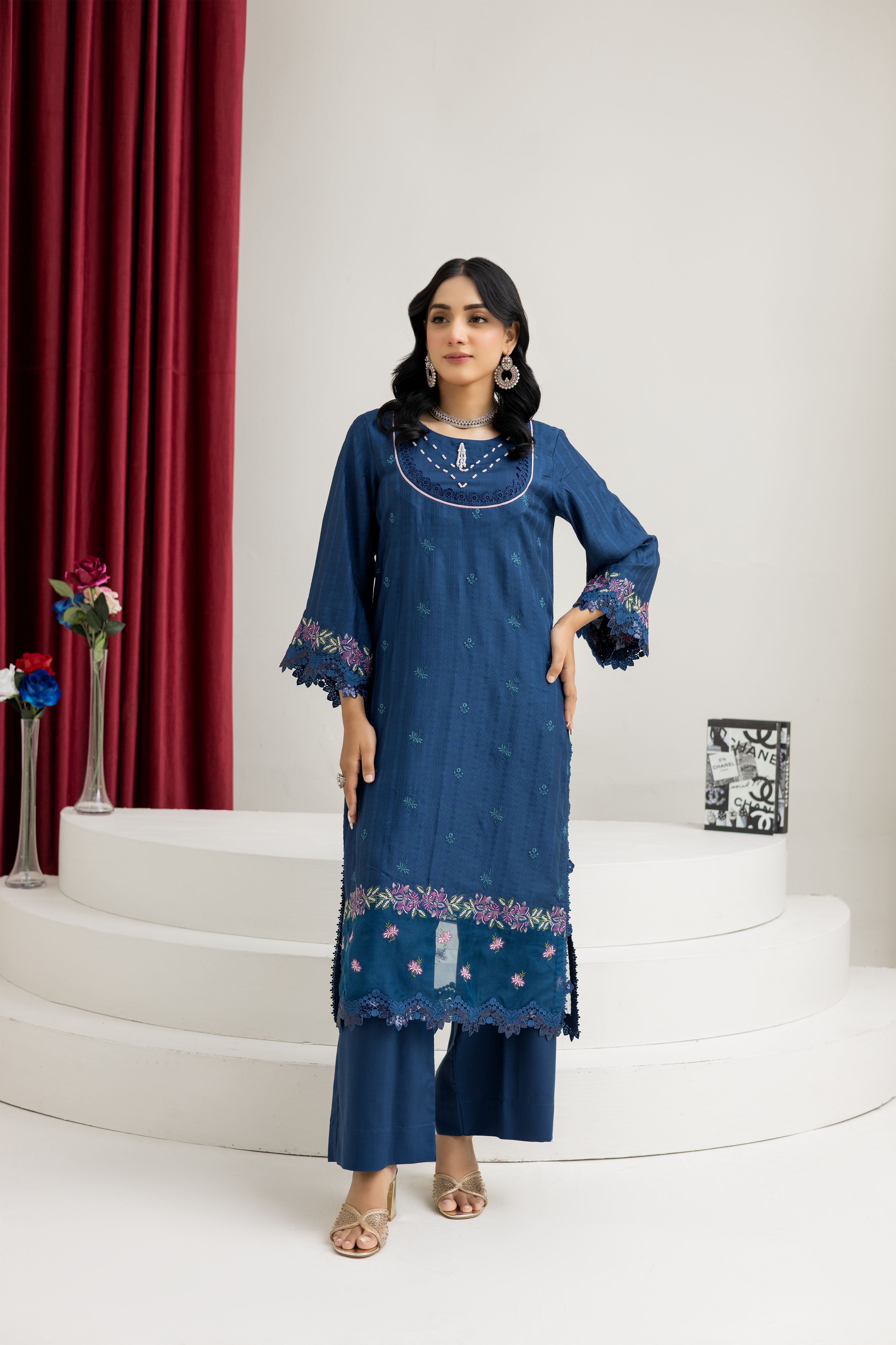 2290-2-Piece Zinc Blue Embroidered Viscose Suit