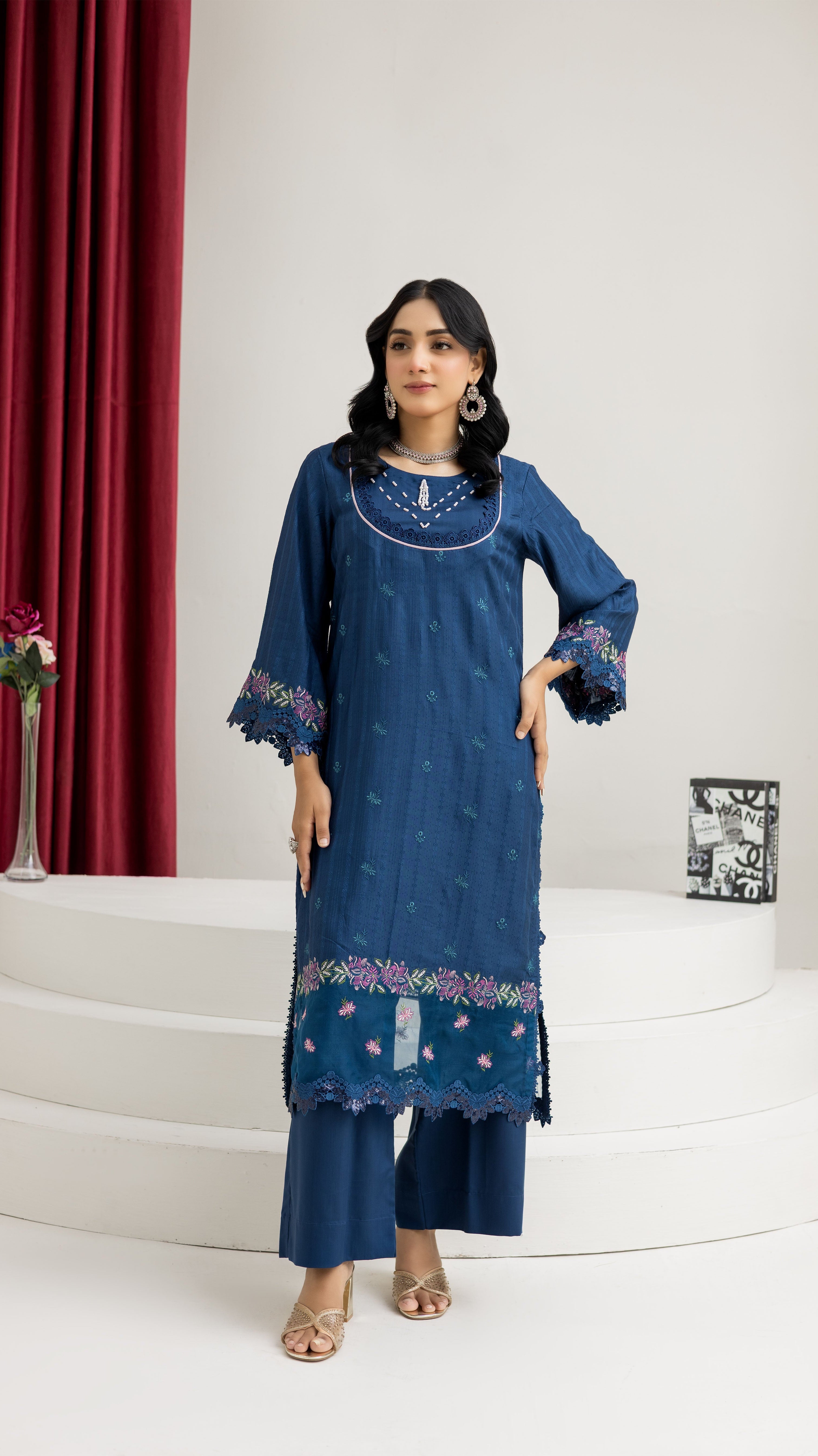 2290-2-Piece Zinc Blue Embroidered Viscose Suit