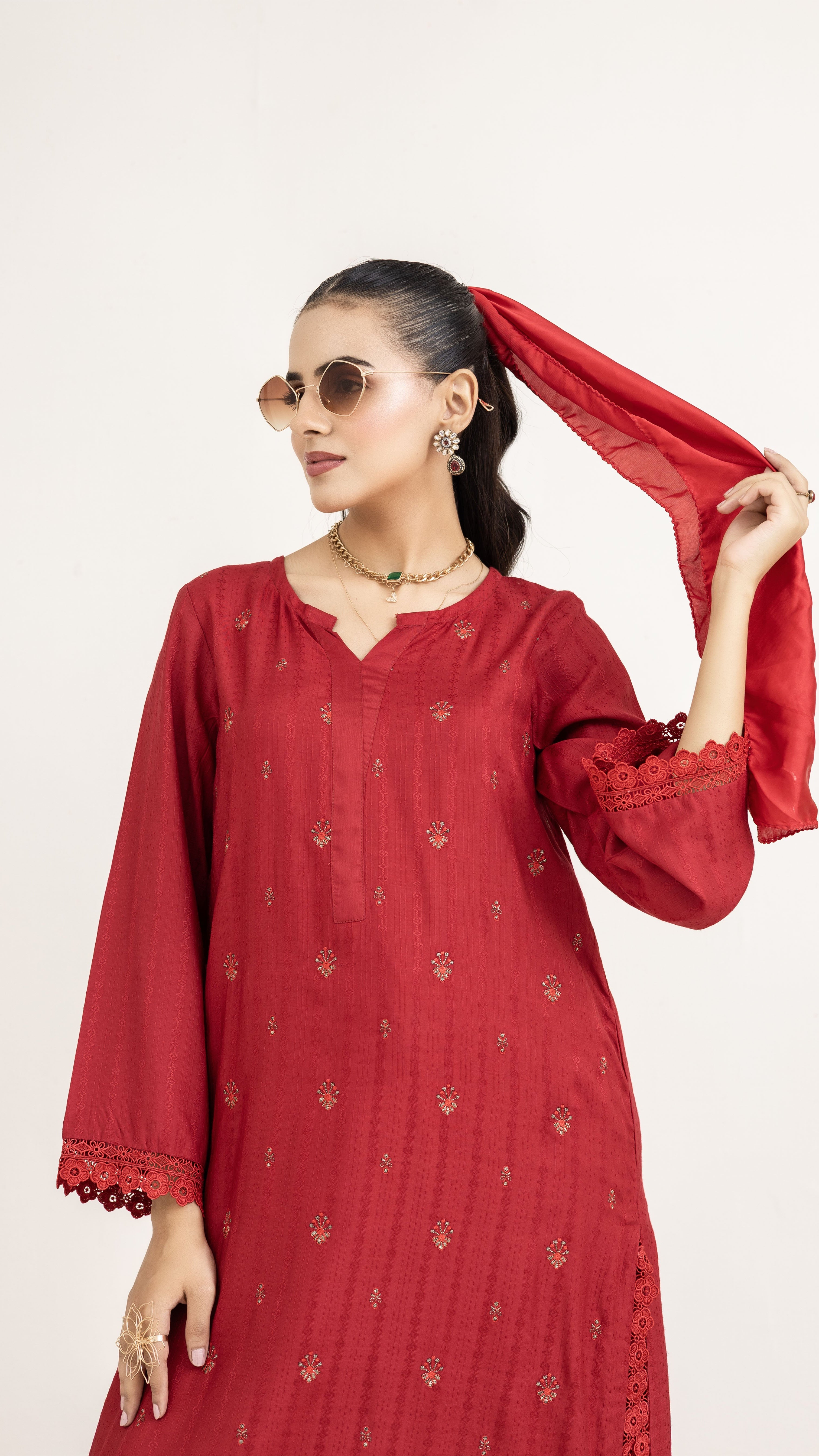 2291 -2-Piece Red Embroidered Viscose Suit