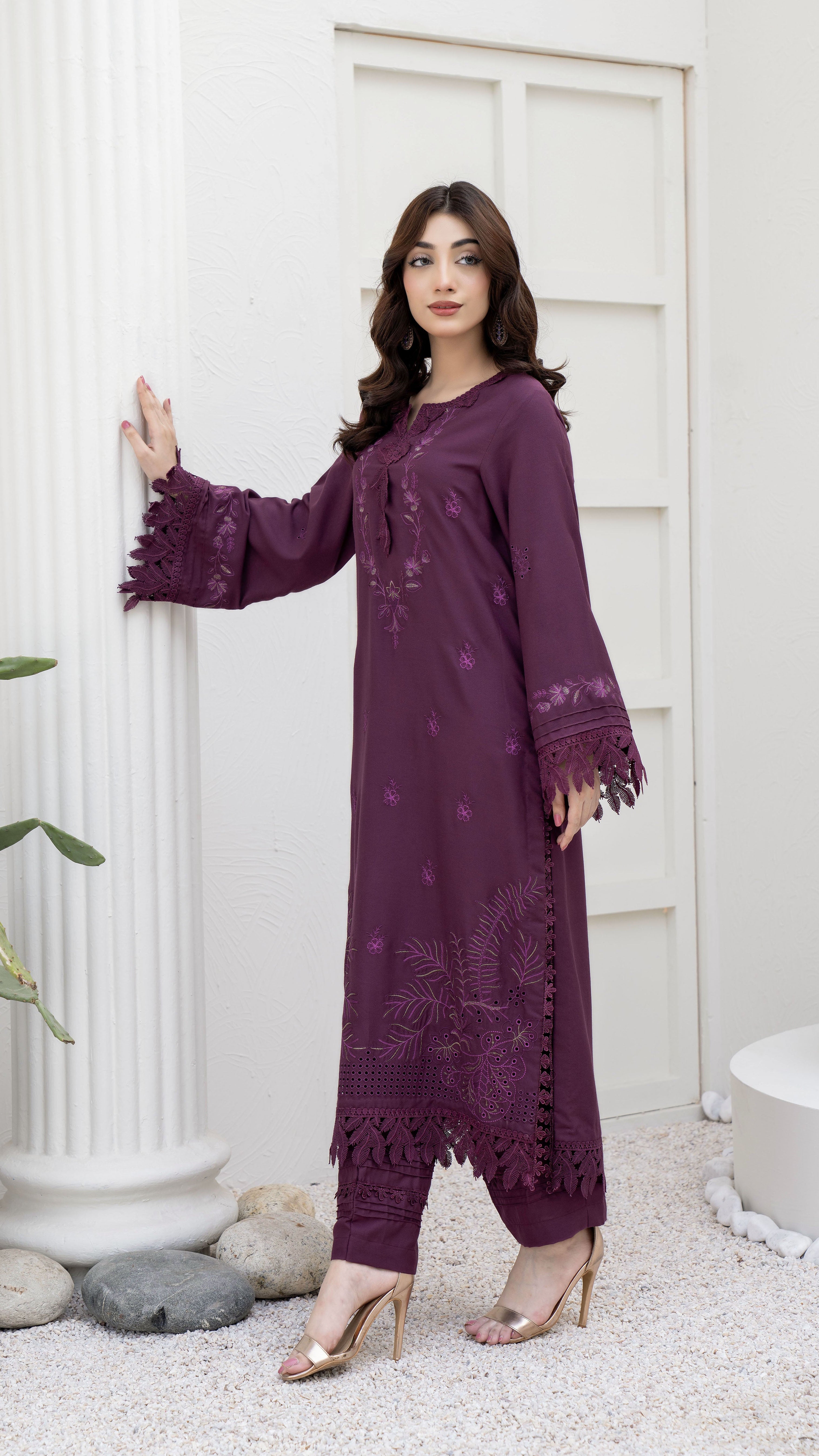 2292-2-Piece Purple Embroidered Dhanak Suit