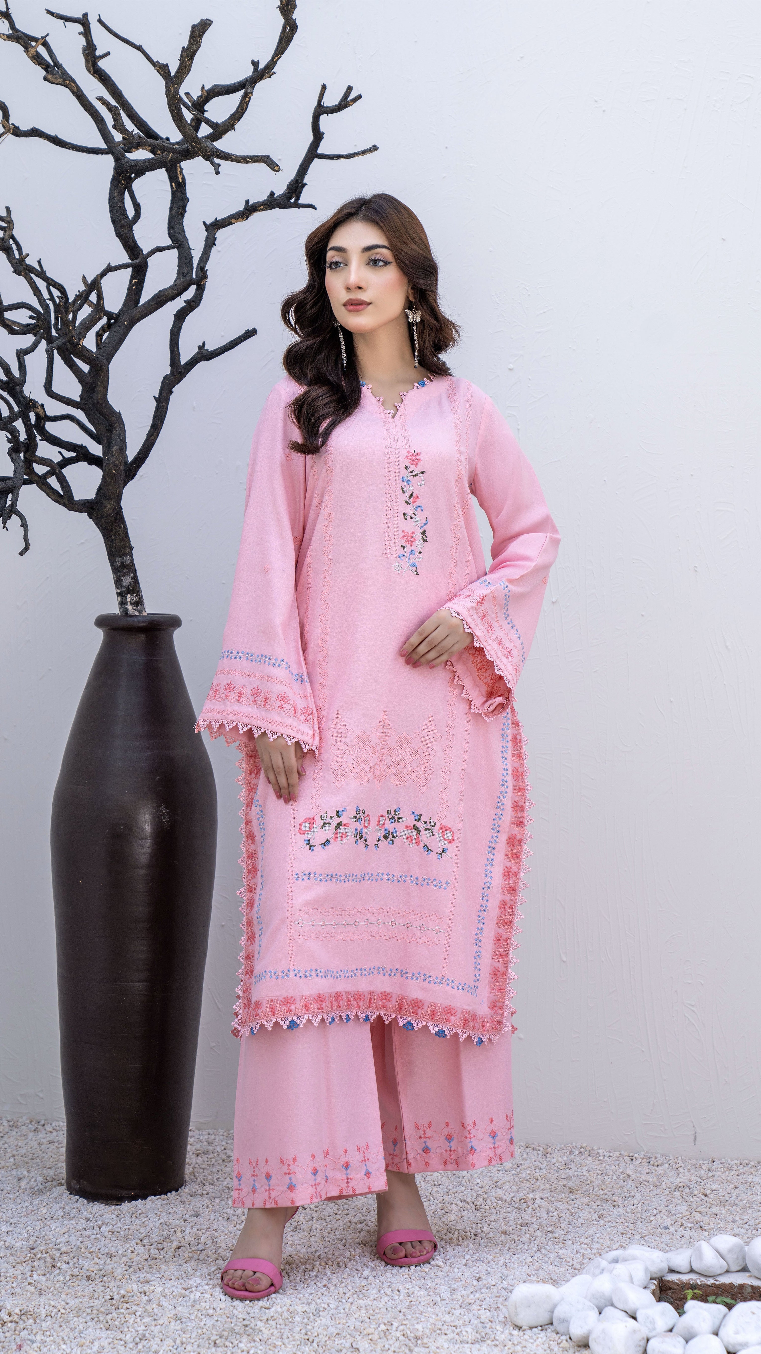 2294-2-Piece Baby Pink Embroidered Dhanak Suit